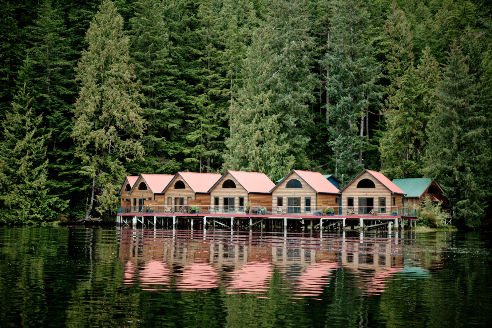 Exterior view of the lodges overlooking the water at Nimmo Bay