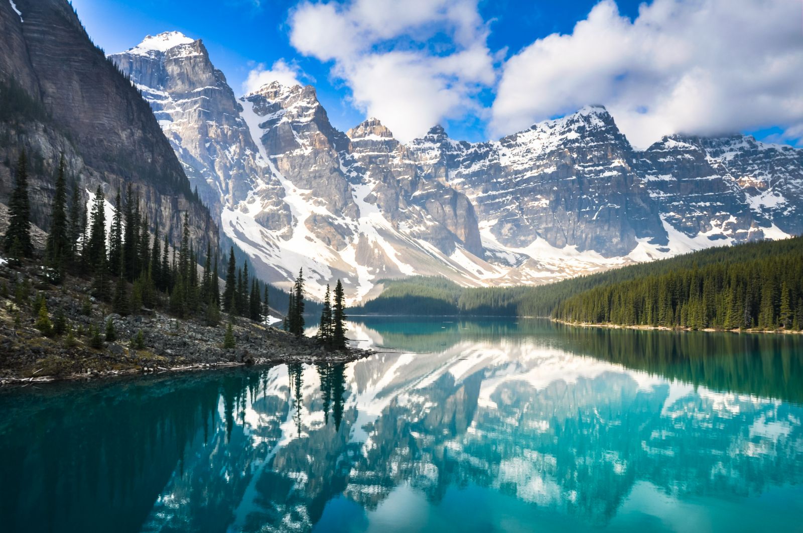 Clouds reflecting on the surface of Moraine Lake