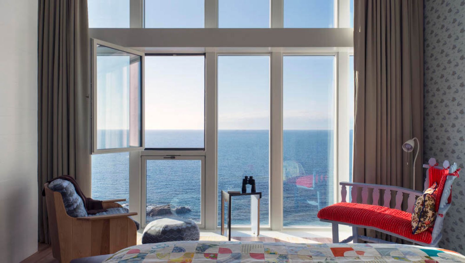 View across the ocean from a guest room at Fogo Island Inn