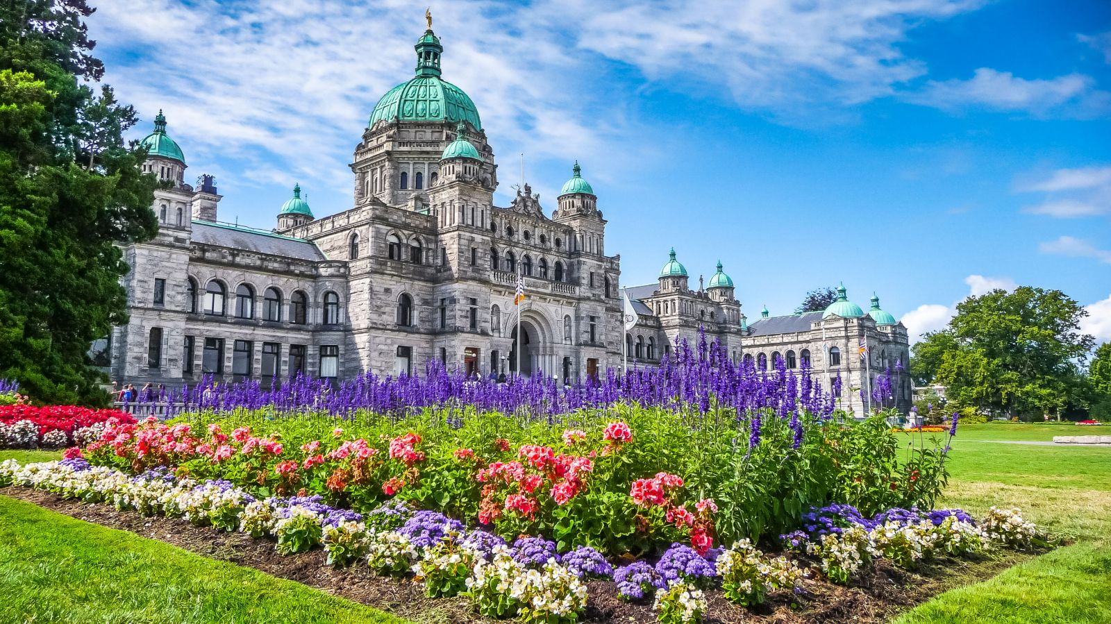 Flowers and lawns outside of British Columbia Parliament Buildings in Victoria