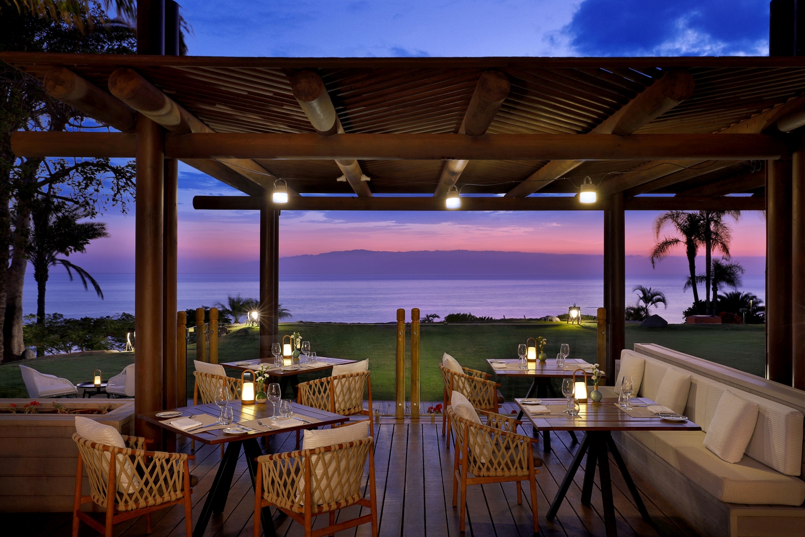 Terrace dining with sunset views at El Mirador Restaurant at luxury resort Ritz Carlton Abama on Tenerife