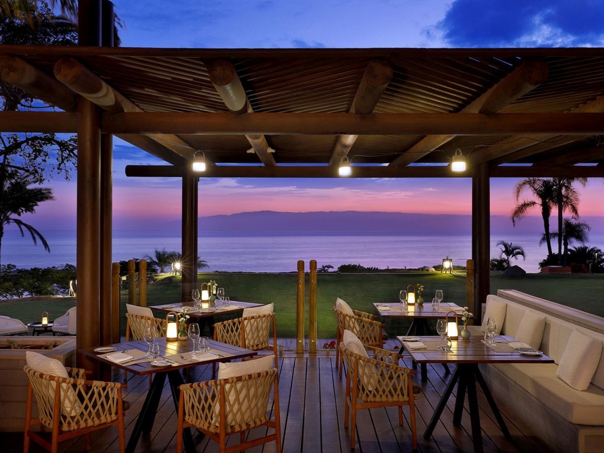 Terrace dining with sunset views at El Mirador Restaurant at luxury resort Ritz Carlton Abama on Tenerife