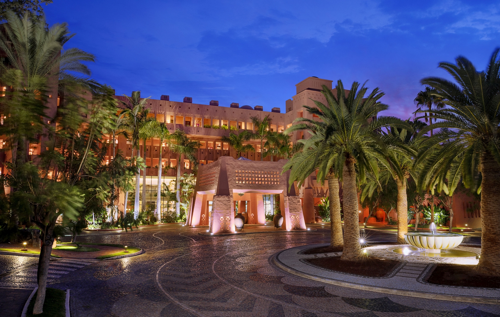 Illuminated facade of luxury resort Ritz Carlton Abama on Tenerife at night