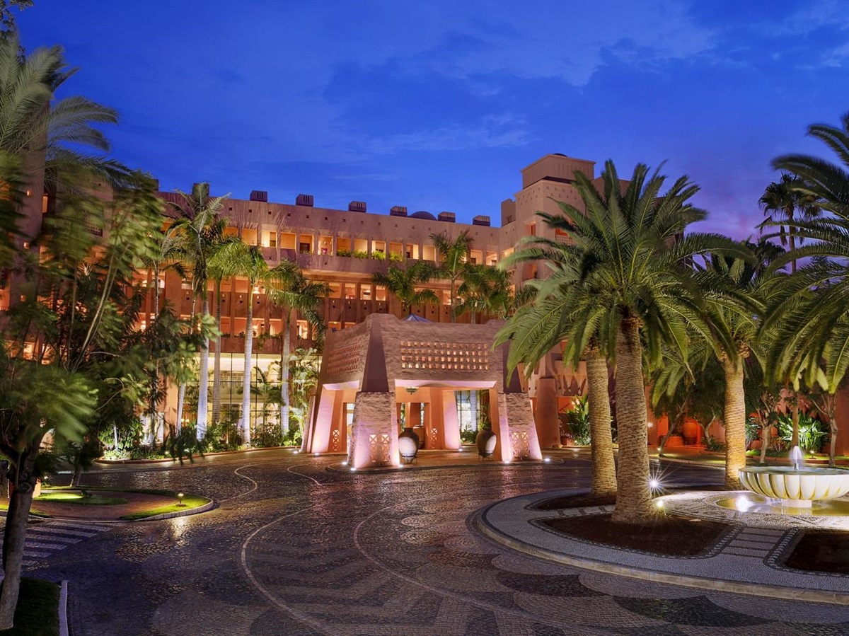 Illuminated facade of luxury resort Ritz Carlton Abama on Tenerife at night