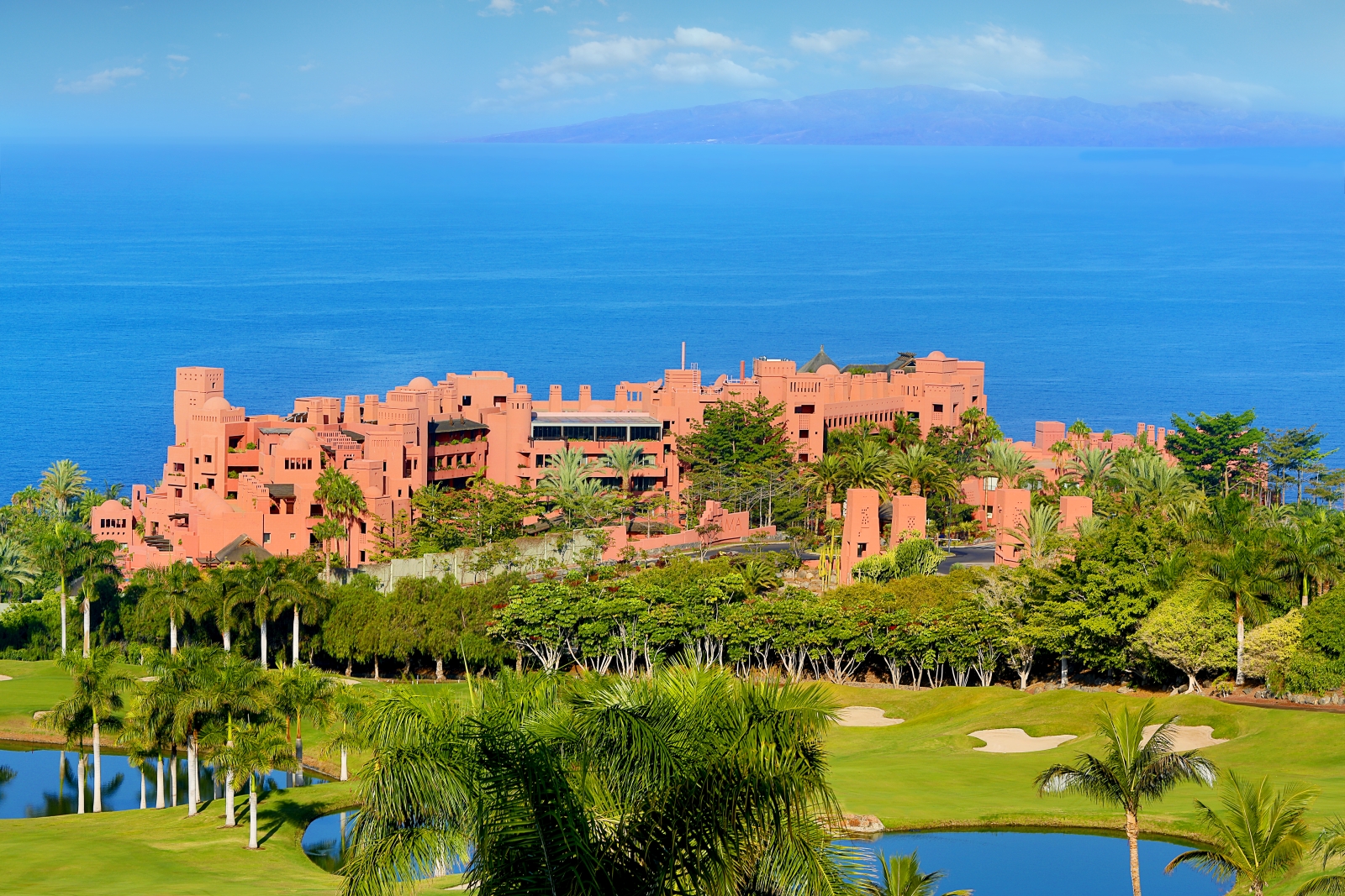 Exterior view of luxury resort Ritz Carlton Abama on Tenerife, golf course and the Mediterranean Sea