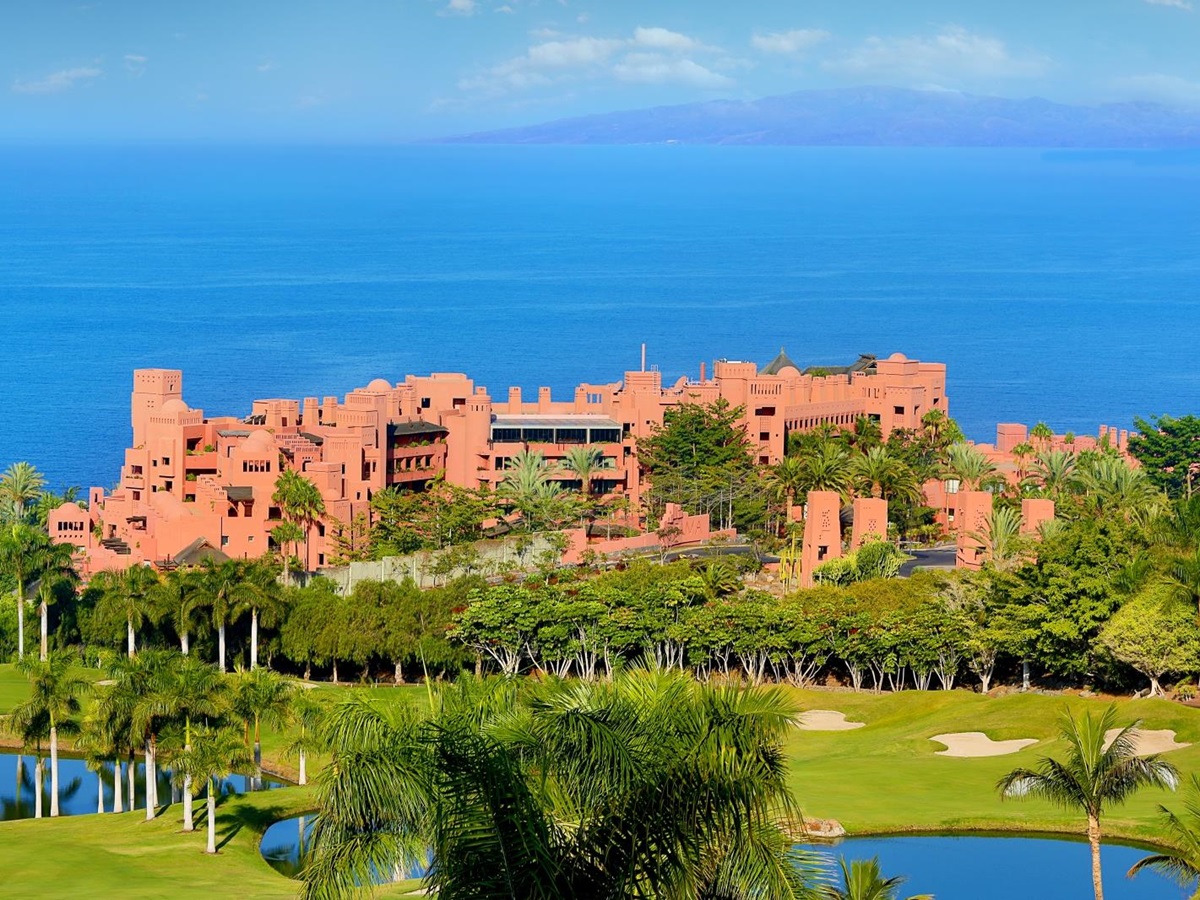 Exterior view of luxury resort Ritz Carlton Abama on Tenerife, golf course and the Mediterranean Sea