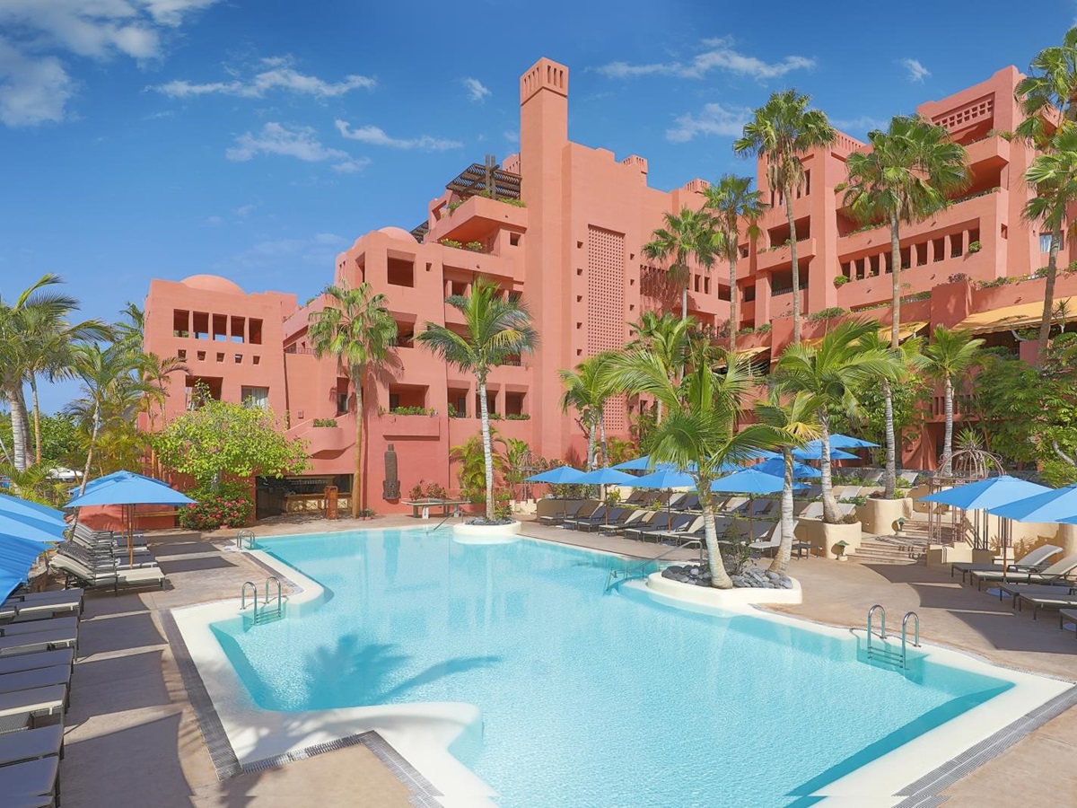 Exterior view of luxury resort Ritz Carlton Abama on Tenerife and pool