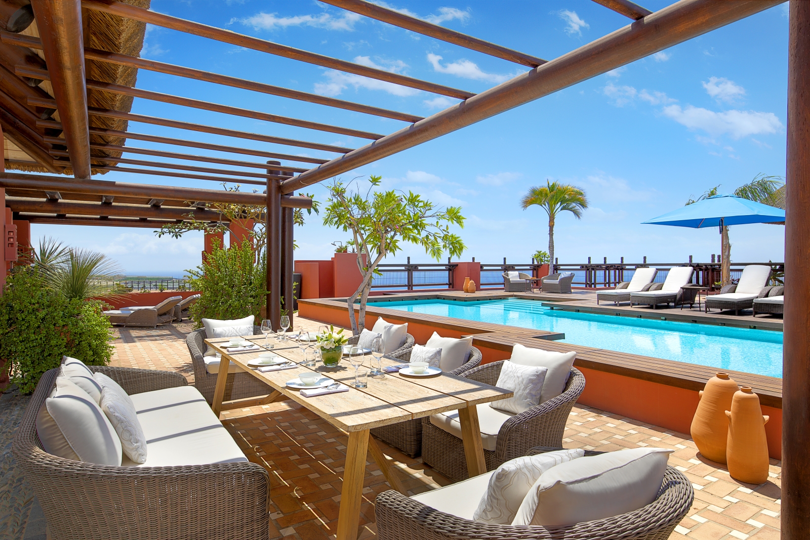 Pool-side terrace of an Imperial Suite at luxury resort Ritz Carlton Abama on Tenerife