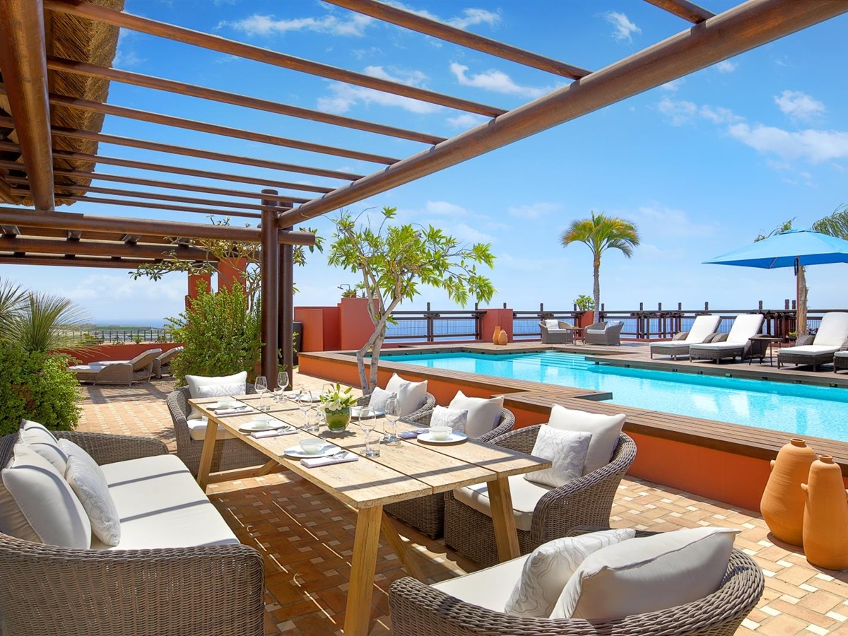 Pool-side terrace of an Imperial Suite at luxury resort Ritz Carlton Abama on Tenerife