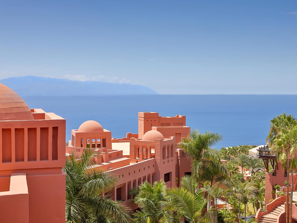 View over luxury resort Ritz Carlton Abama on Tenerife, its surroundings and the Mediterranean Sea