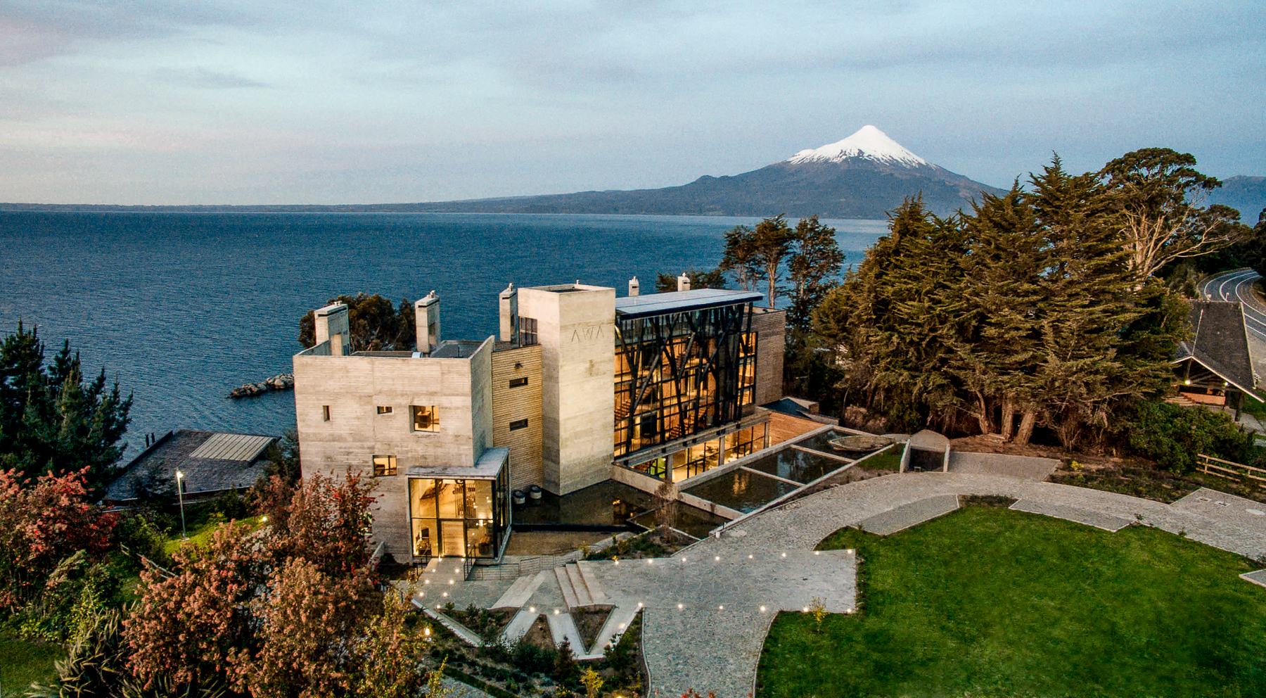 Aerial view of Hotel AWA on the edge of Chilean Patagonia