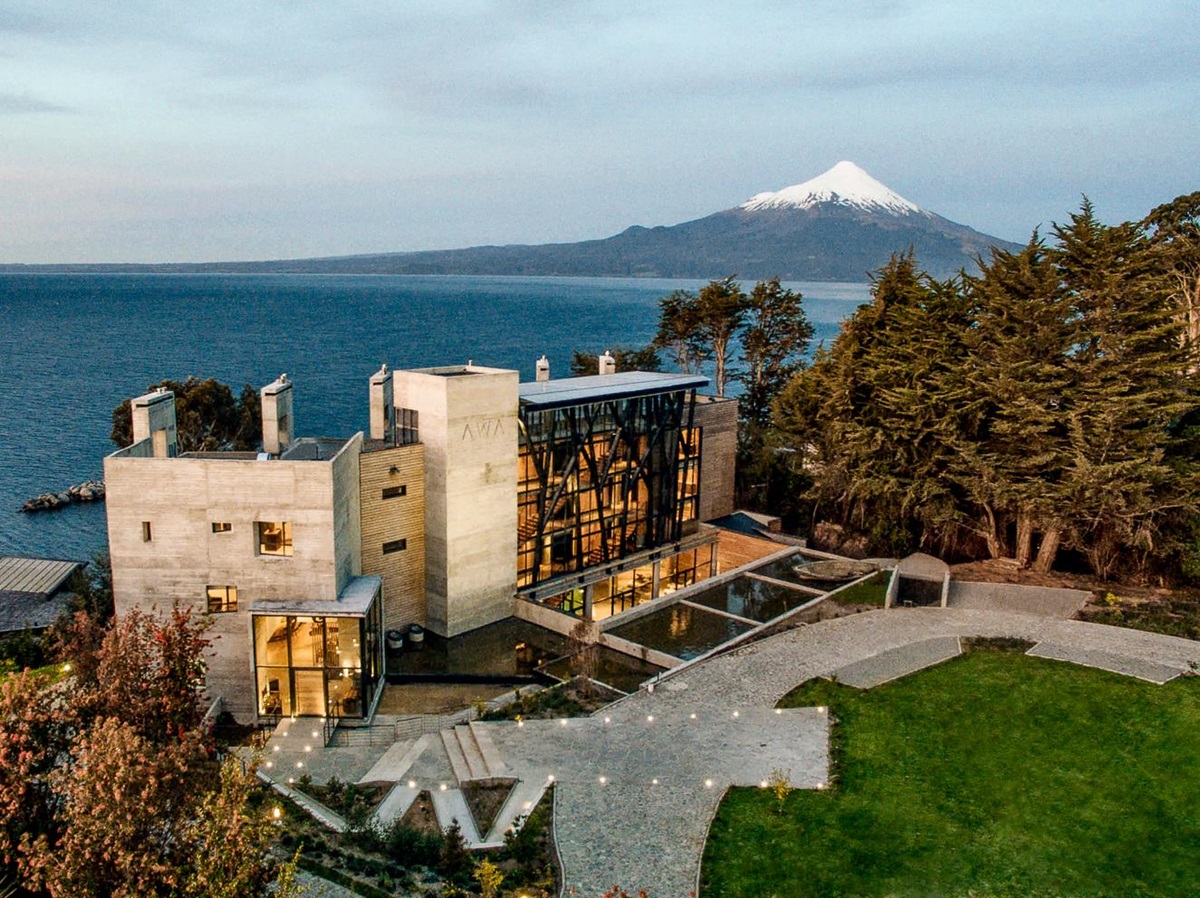 Aerial view of Hotel AWA on the edge of Chilean Patagonia