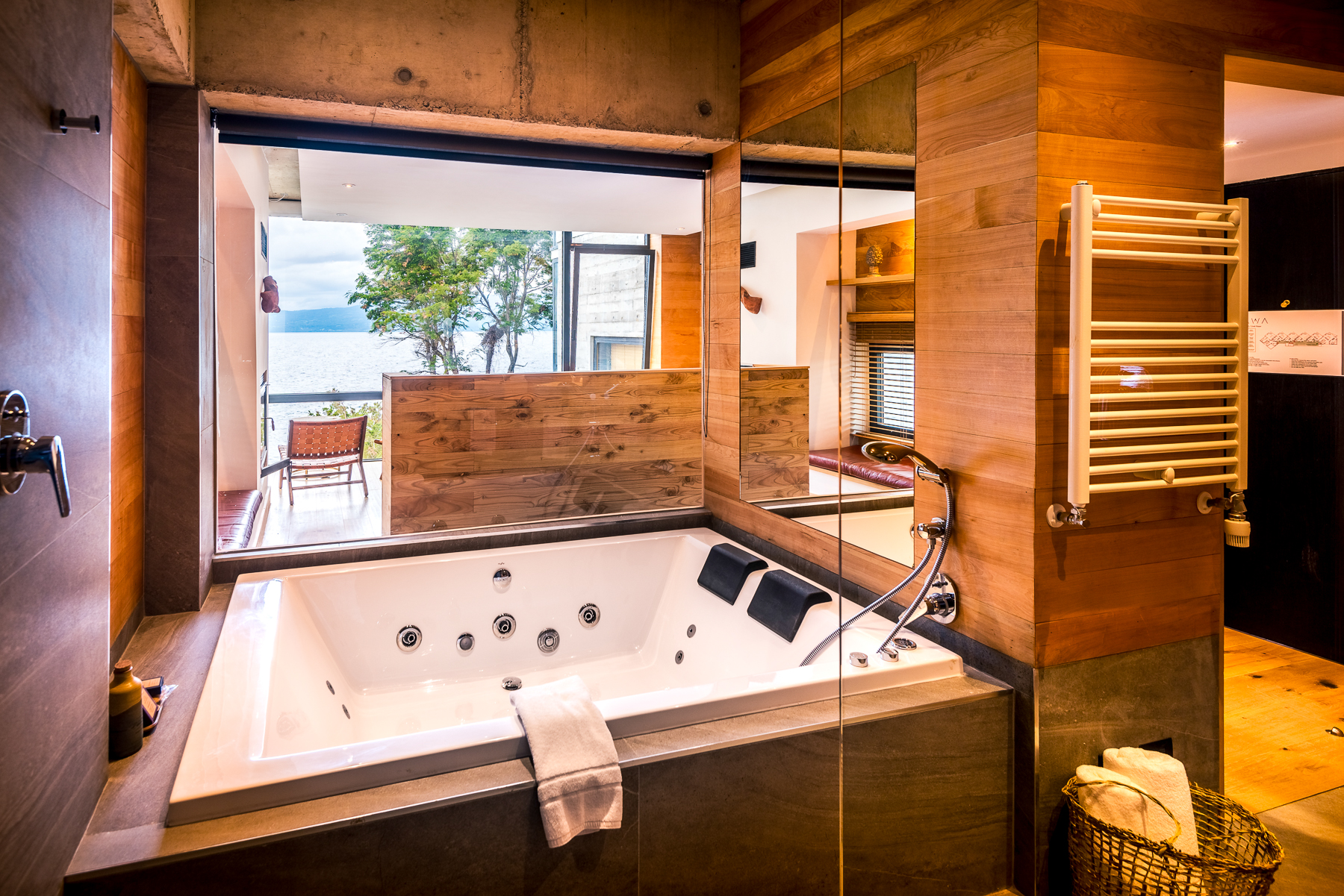 Guest suite bath at Hotel AWA in Chilean Patagonia