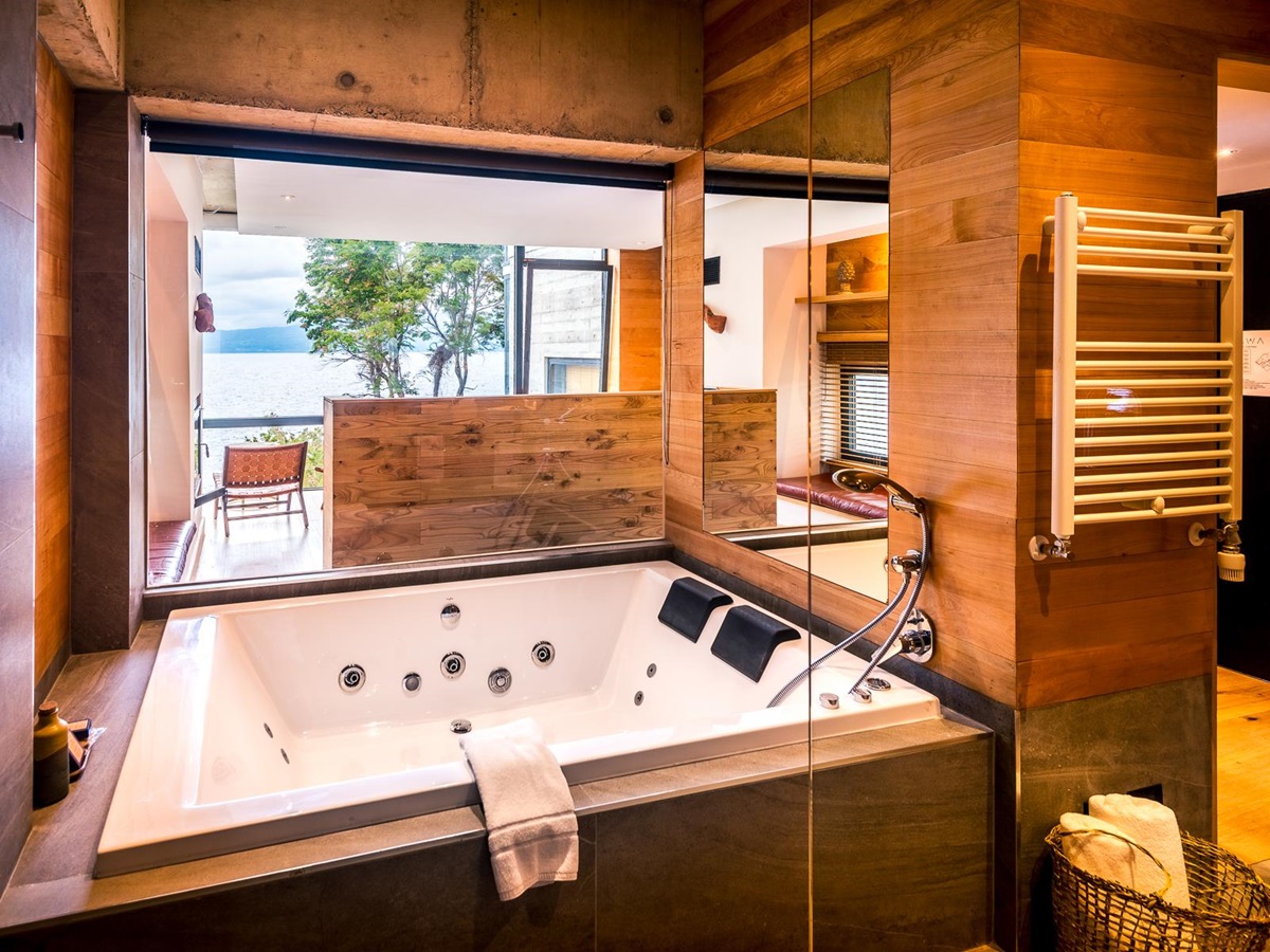 Guest suite bath at Hotel AWA in Chilean Patagonia