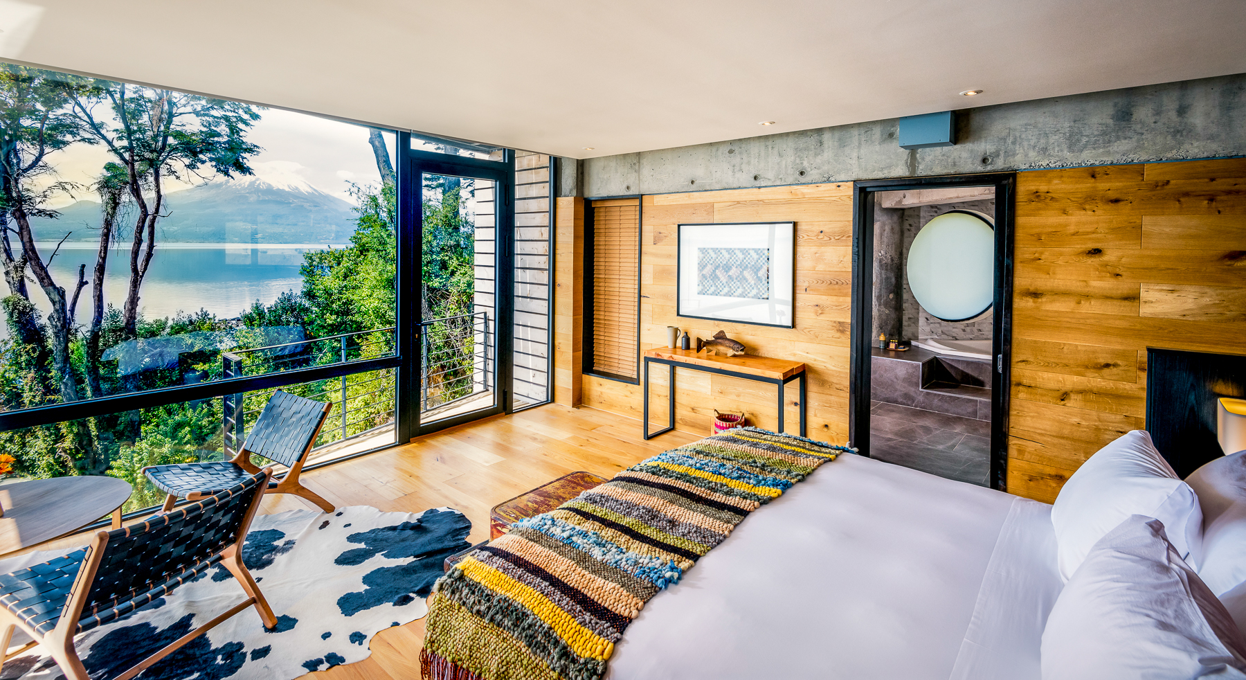 Guest bedroom at Hotel AWA in Chilean Patagonia