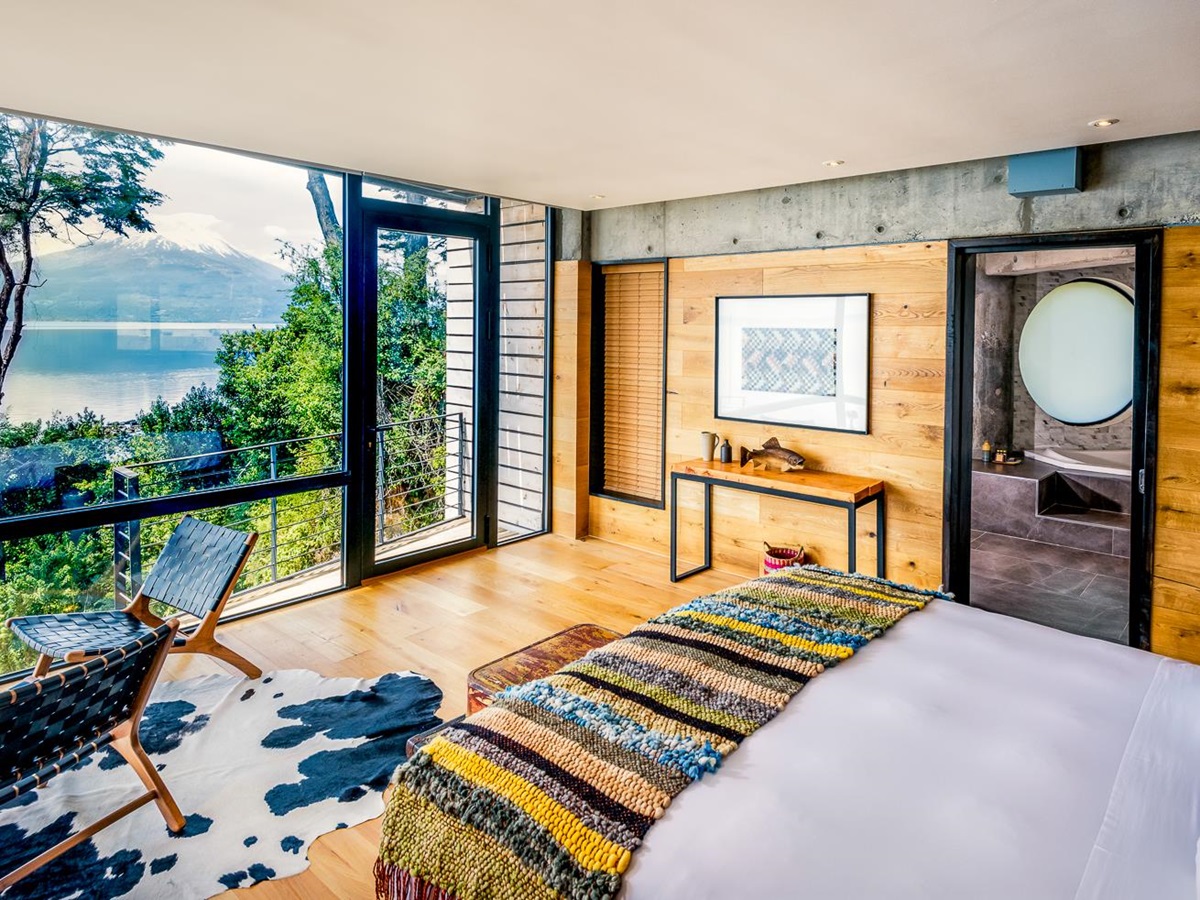 Guest bedroom at Hotel AWA in Chilean Patagonia