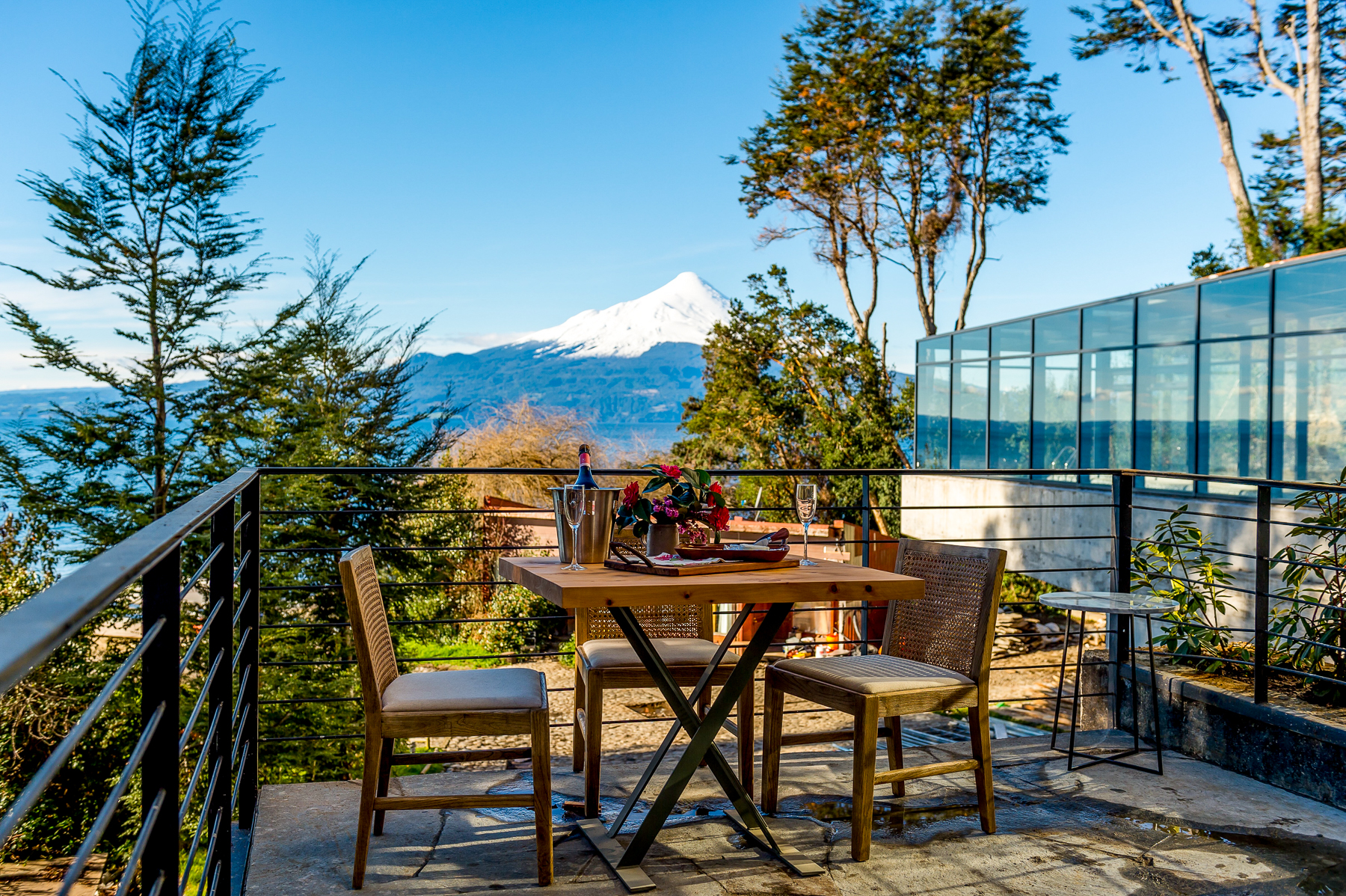 Terrace overlooking the lake at Hotel AWA in Chilean Patagonia