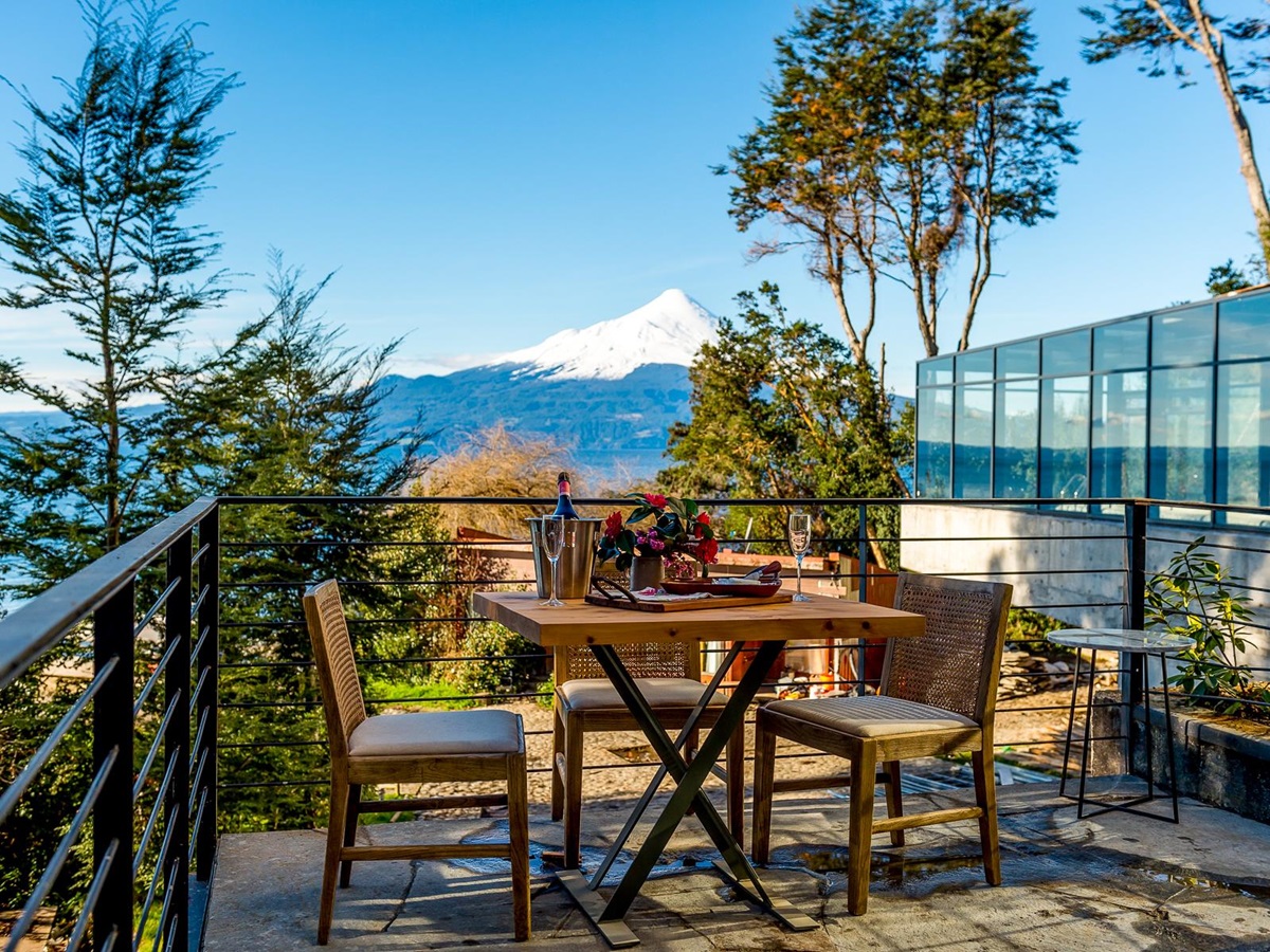 Terrace overlooking the lake at Hotel AWA in Chilean Patagonia