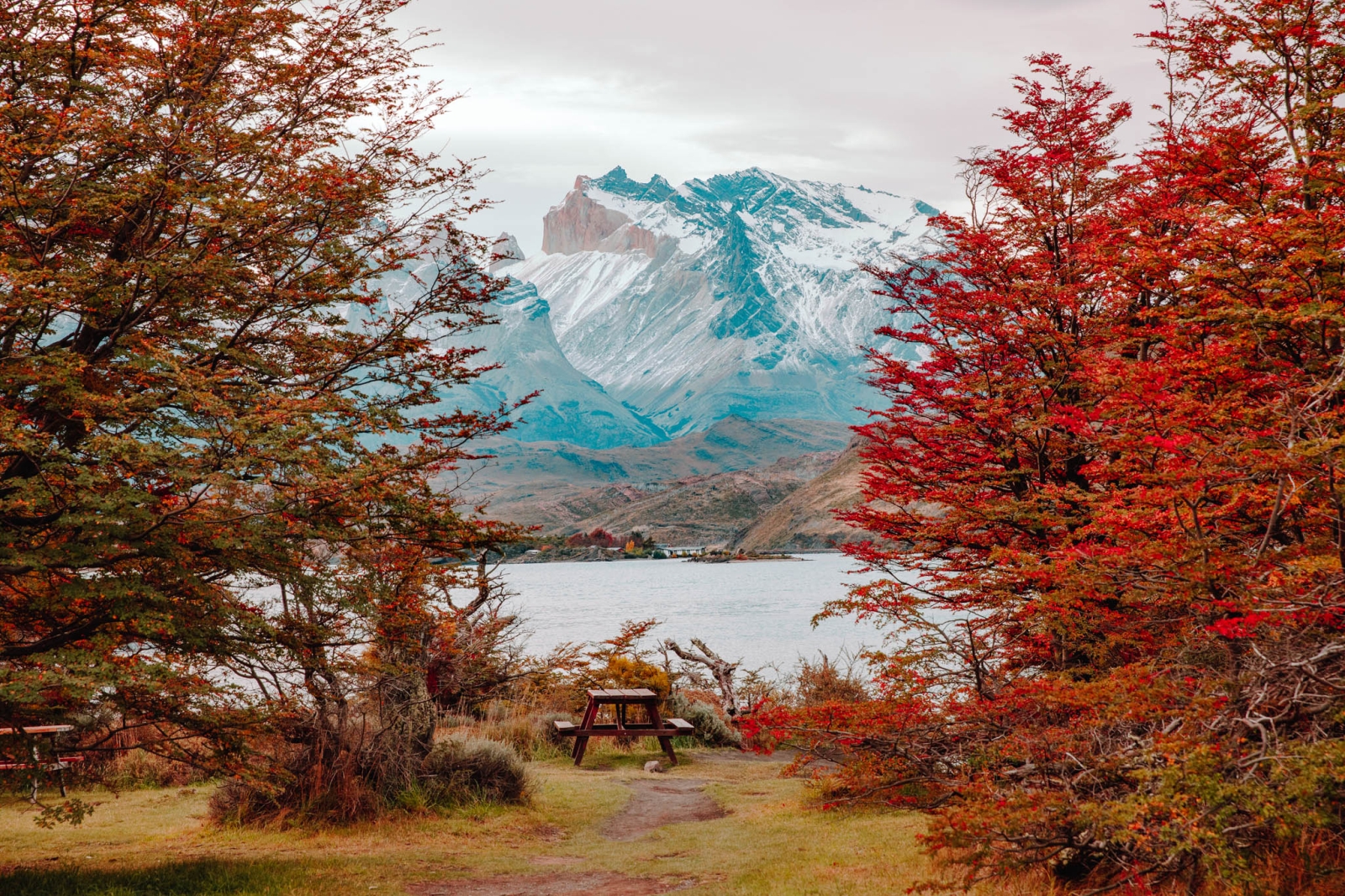 Picnic tables by the lake overlooking the mountains