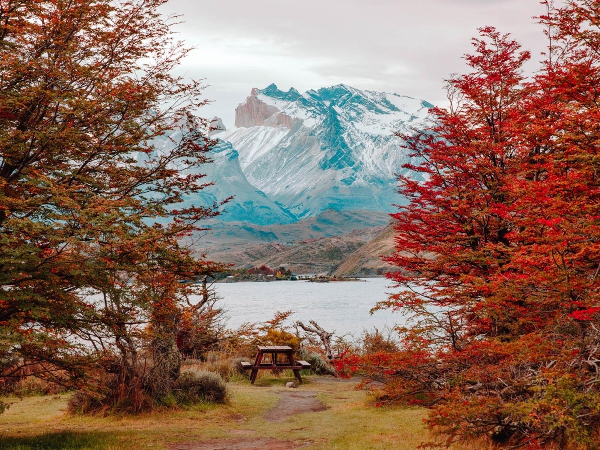 Picnic tables by the lake overlooking the mountains