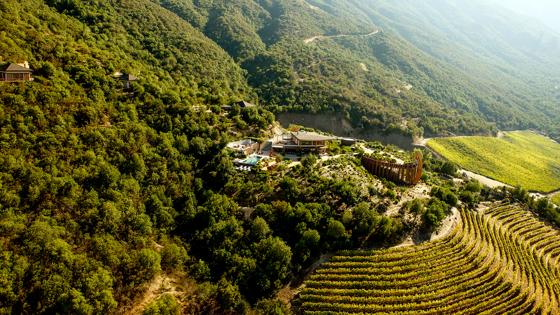 Drone view of Clos Apalta residence and vineyards in Chile's Colchagua Valley