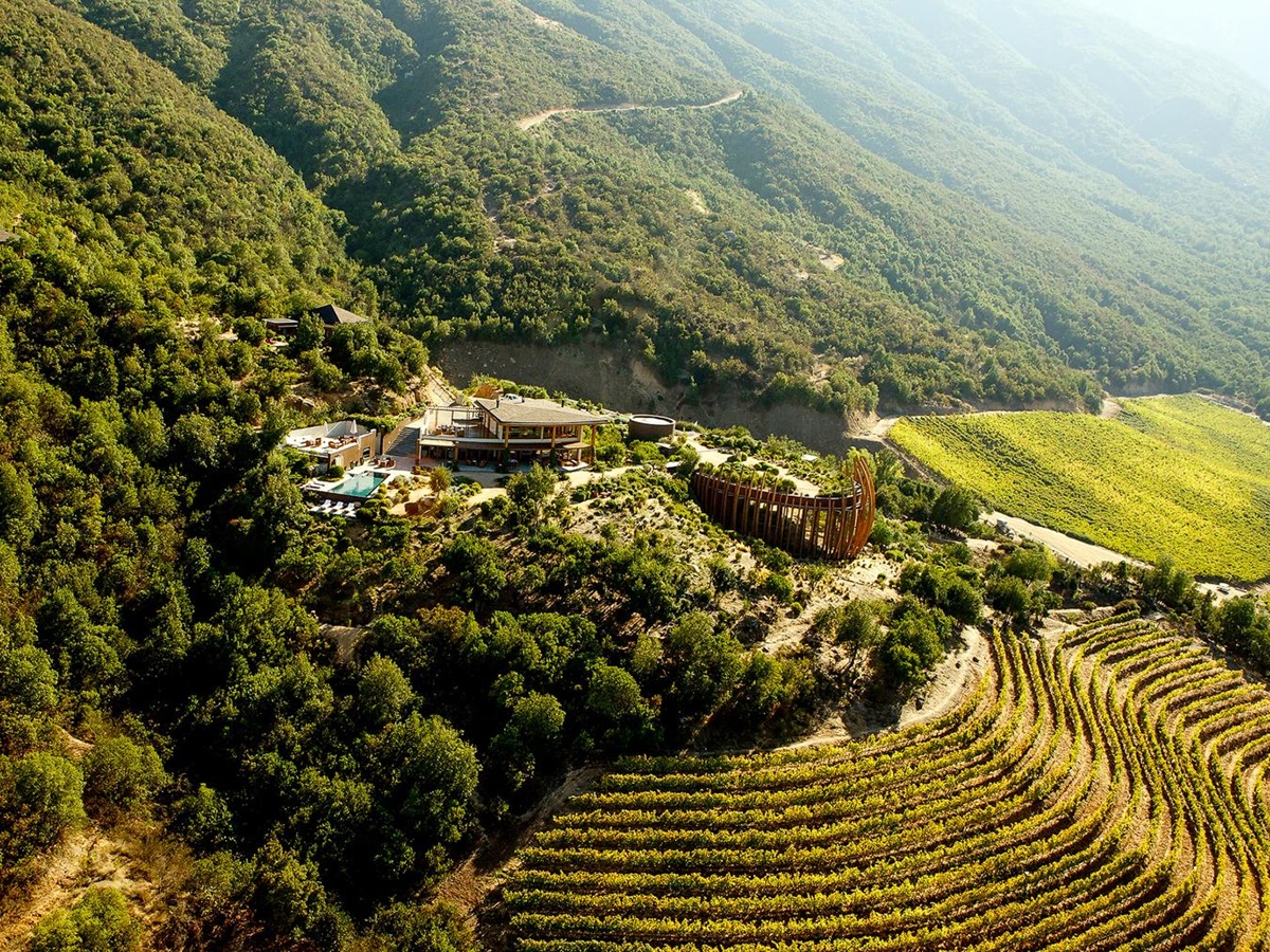 Drone view of Clos Apalta residence and vineyards in Chile's Colchagua Valley