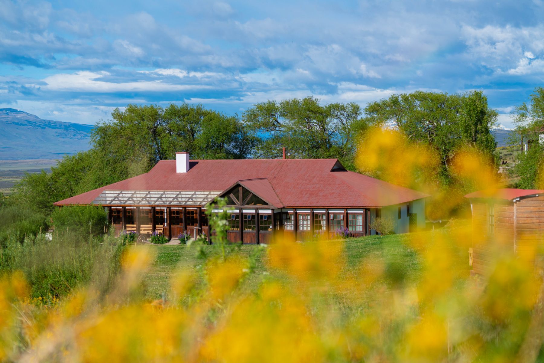 Exterior of Estancia Cerro Guido in Chile surrounded by wildflowers