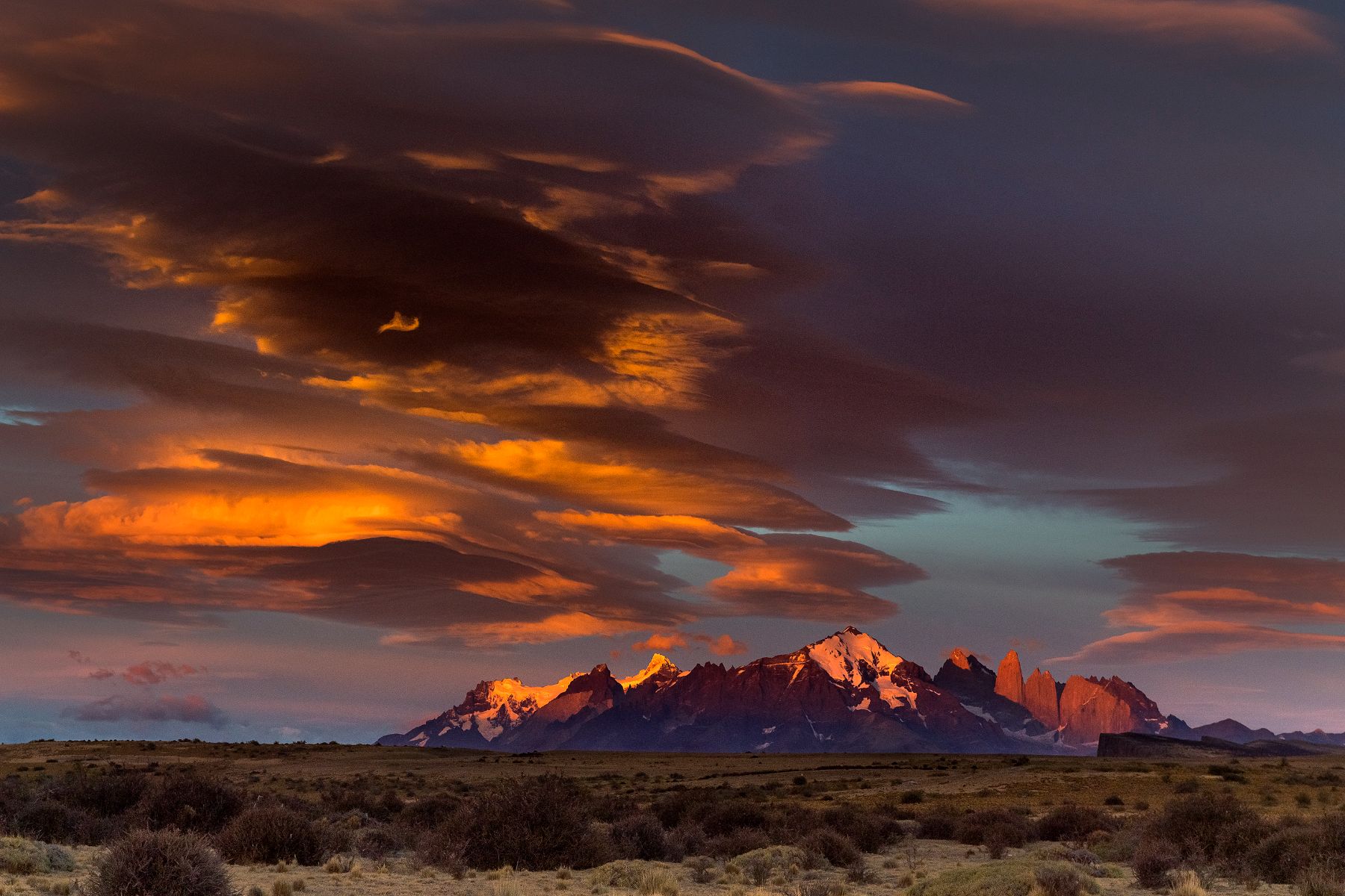 Distant view of the Paine massif at sunset from Estancia Cerro Guido in Patagonia Chile