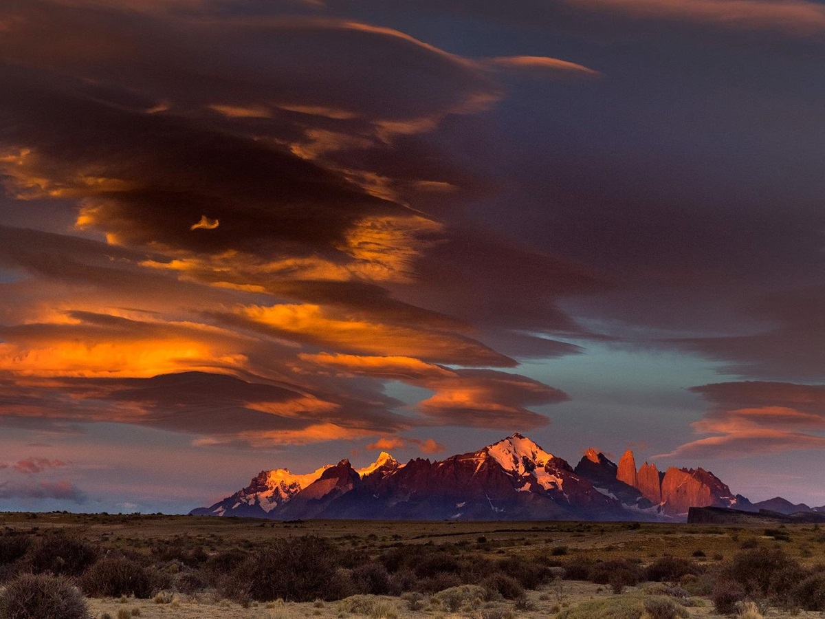 Distant view of the Paine massif at sunset from Estancia Cerro Guido in Patagonia Chile
