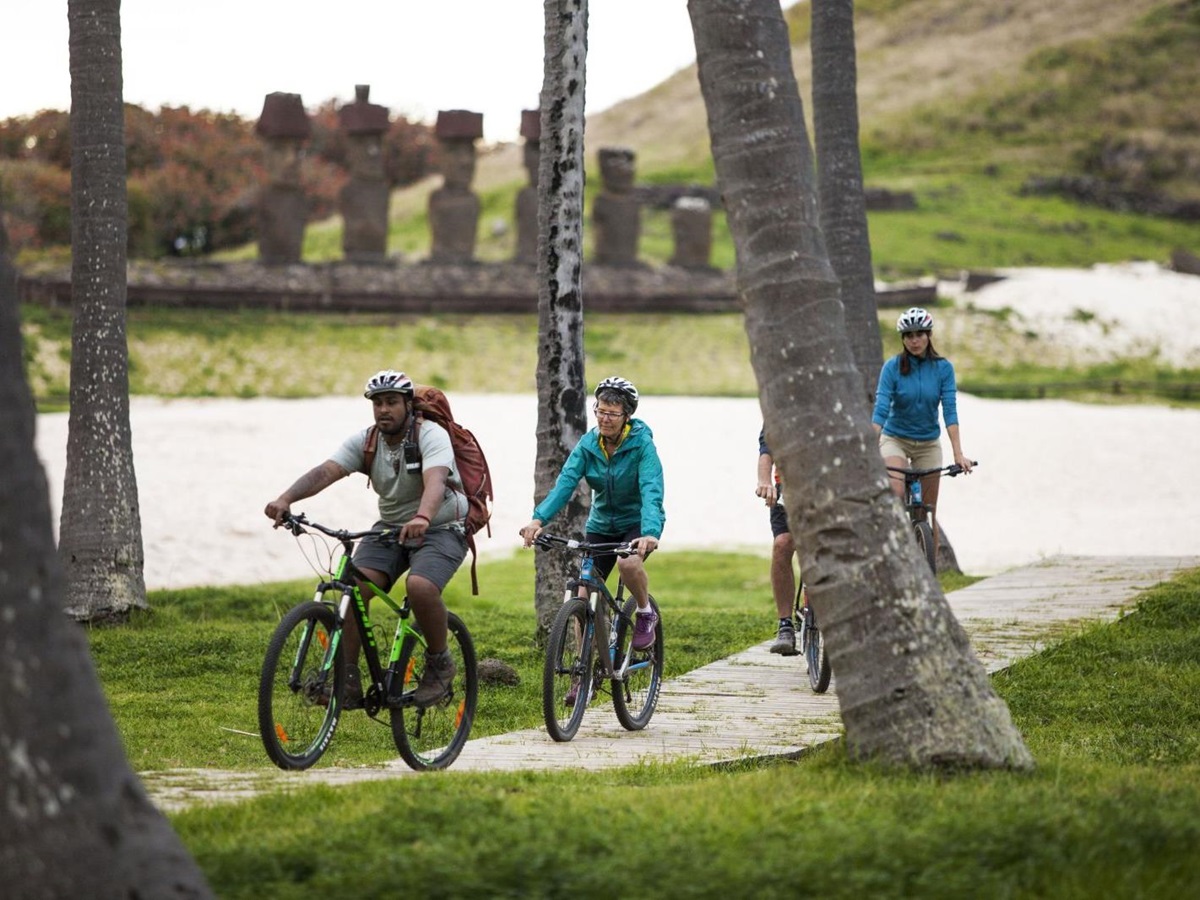 Cycling excursion past Moai statues on Easter Island from Explora Rapa Nui, Chile