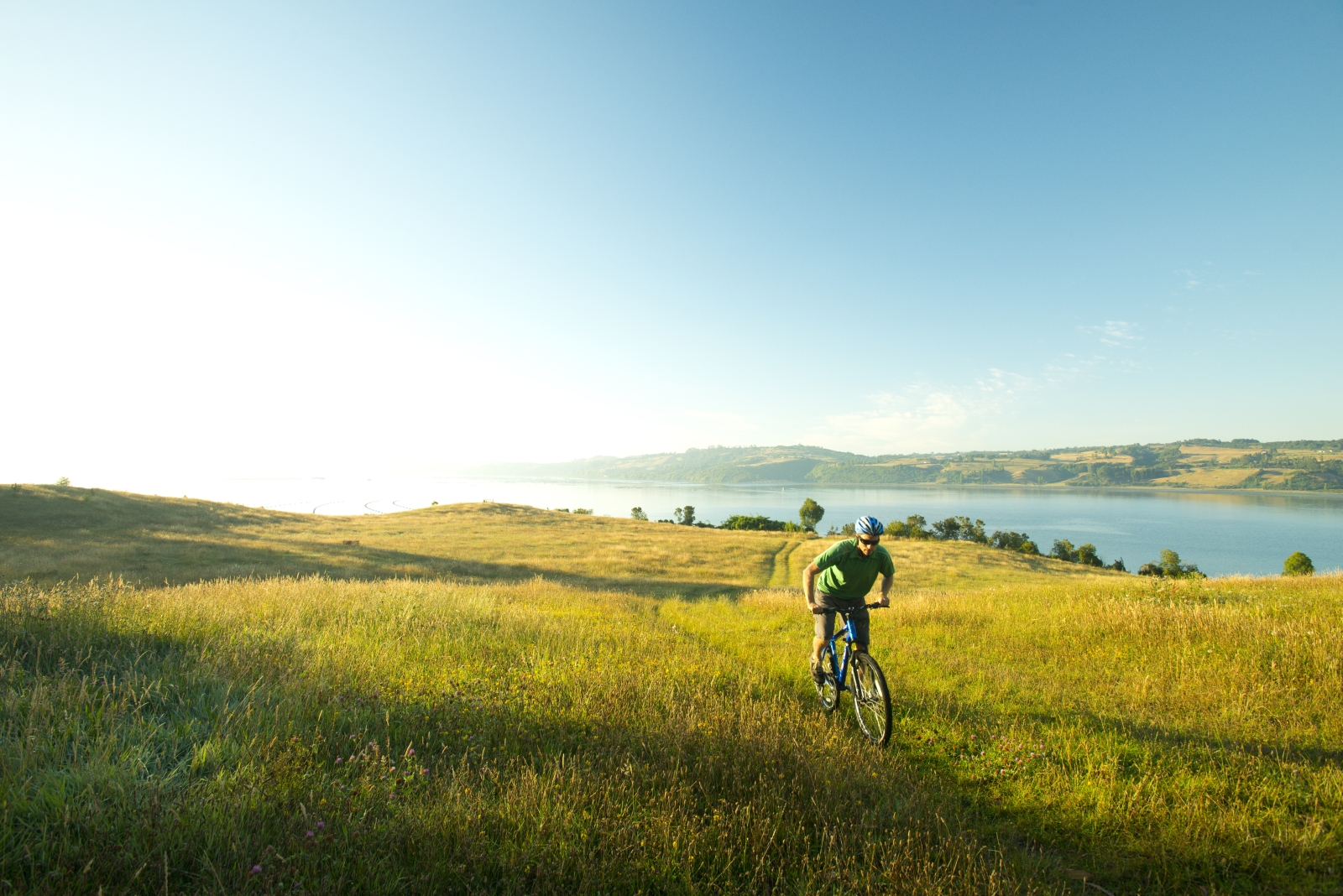 Cyclist riding through a field with lake in the background