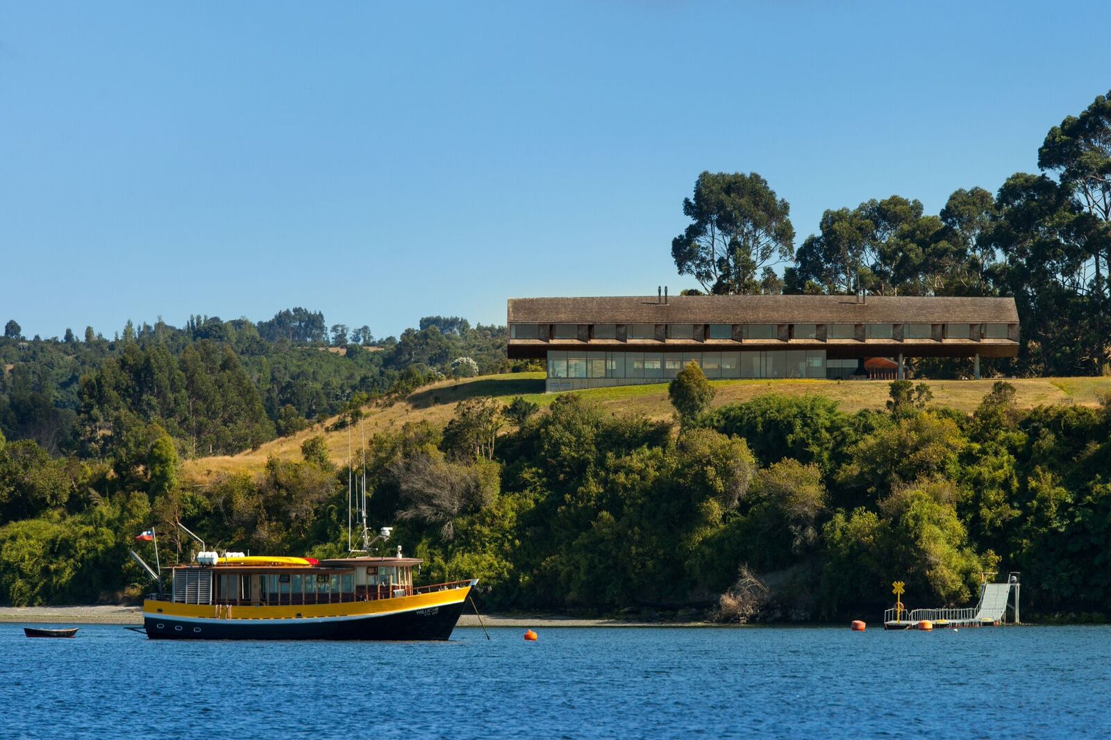 Exterior seen from the water of Hotel Tierra Chiloe, Chile
