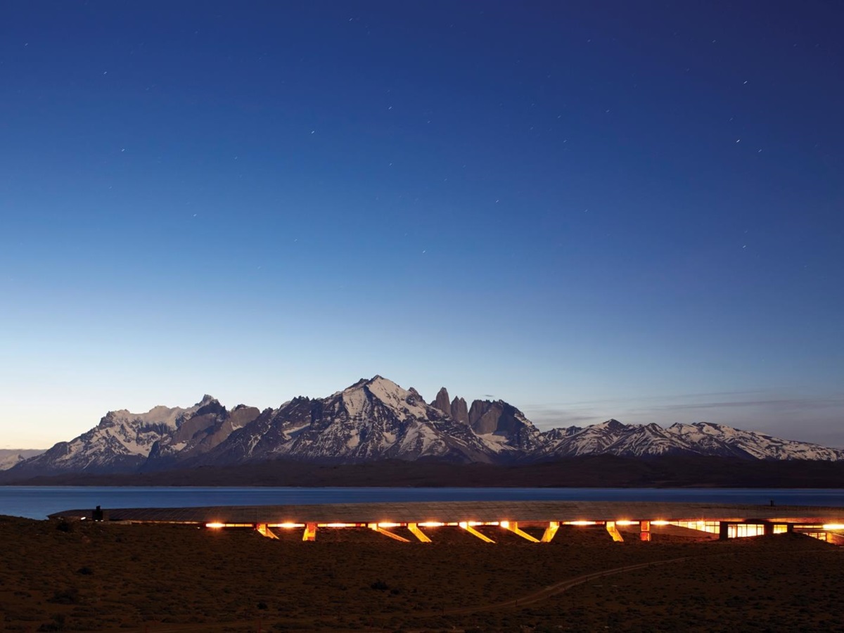 view of Tierra Patagonia, with lake and mountains