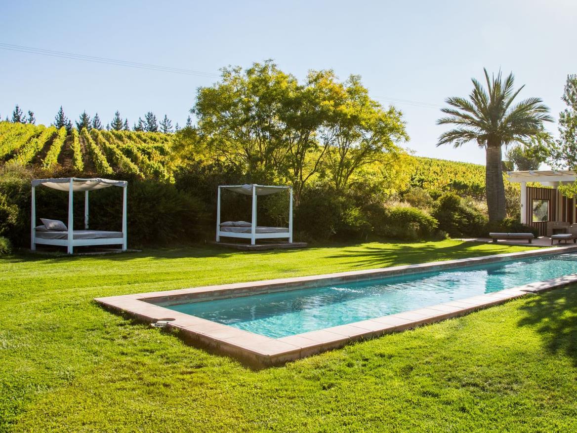 Swimming pool with a backdrop of vineyards at La Casona Vina Matetic in Chile