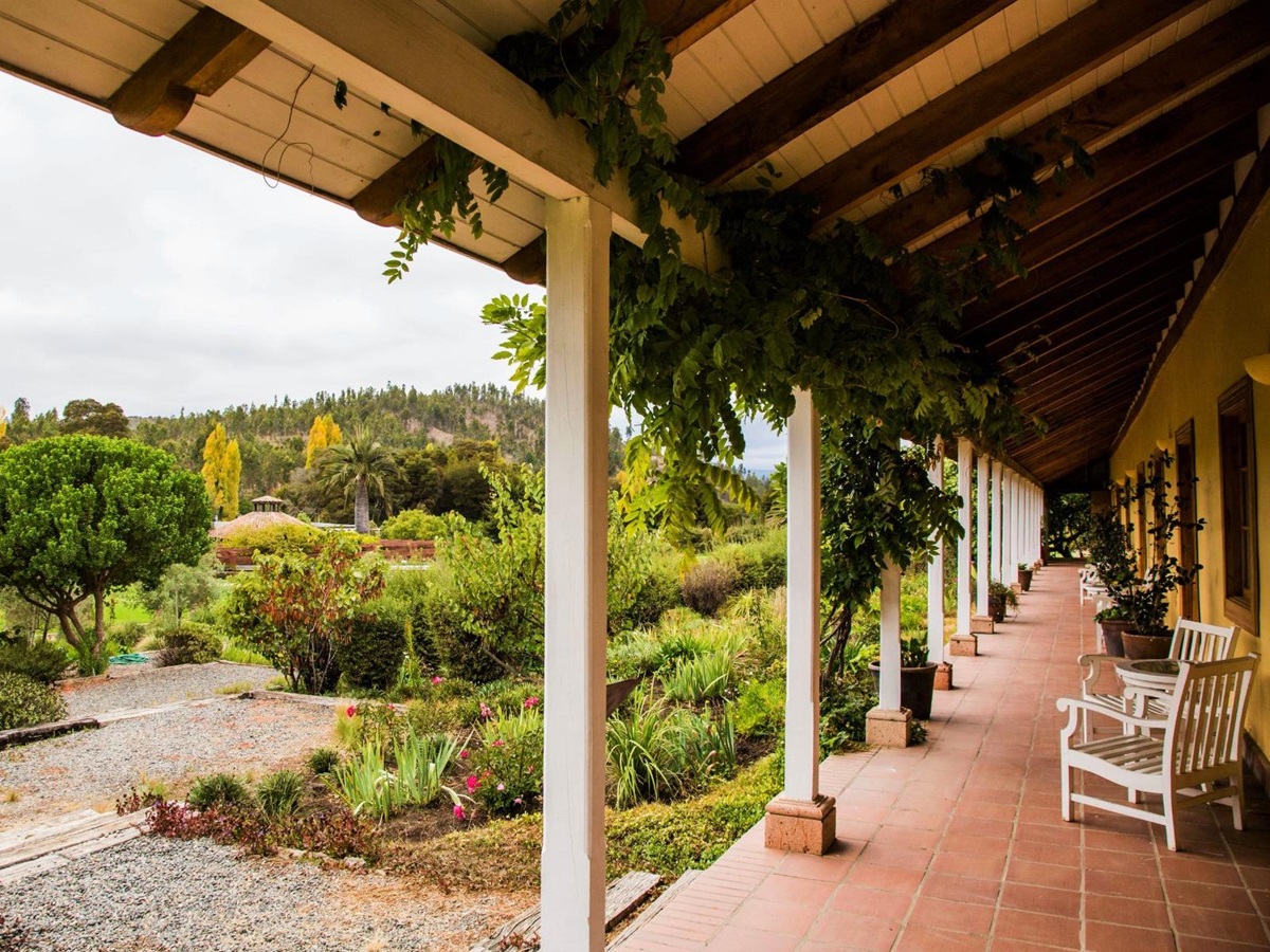 View of the gardens from boutique hotel La Casona at Matetic Vineyards in Chile