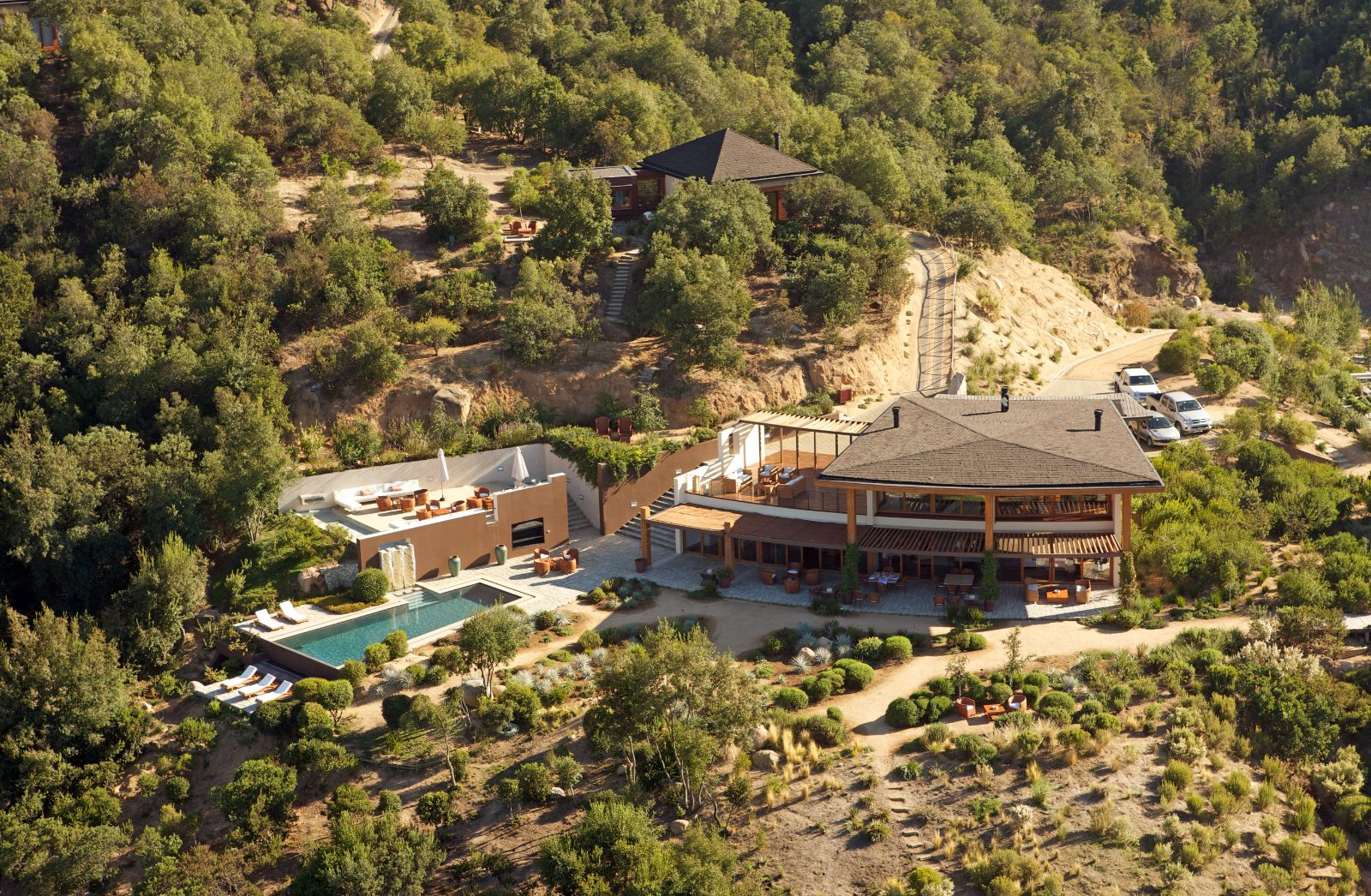 Exterior view of Lapostolle Residence surrounded by vineyards in Chile