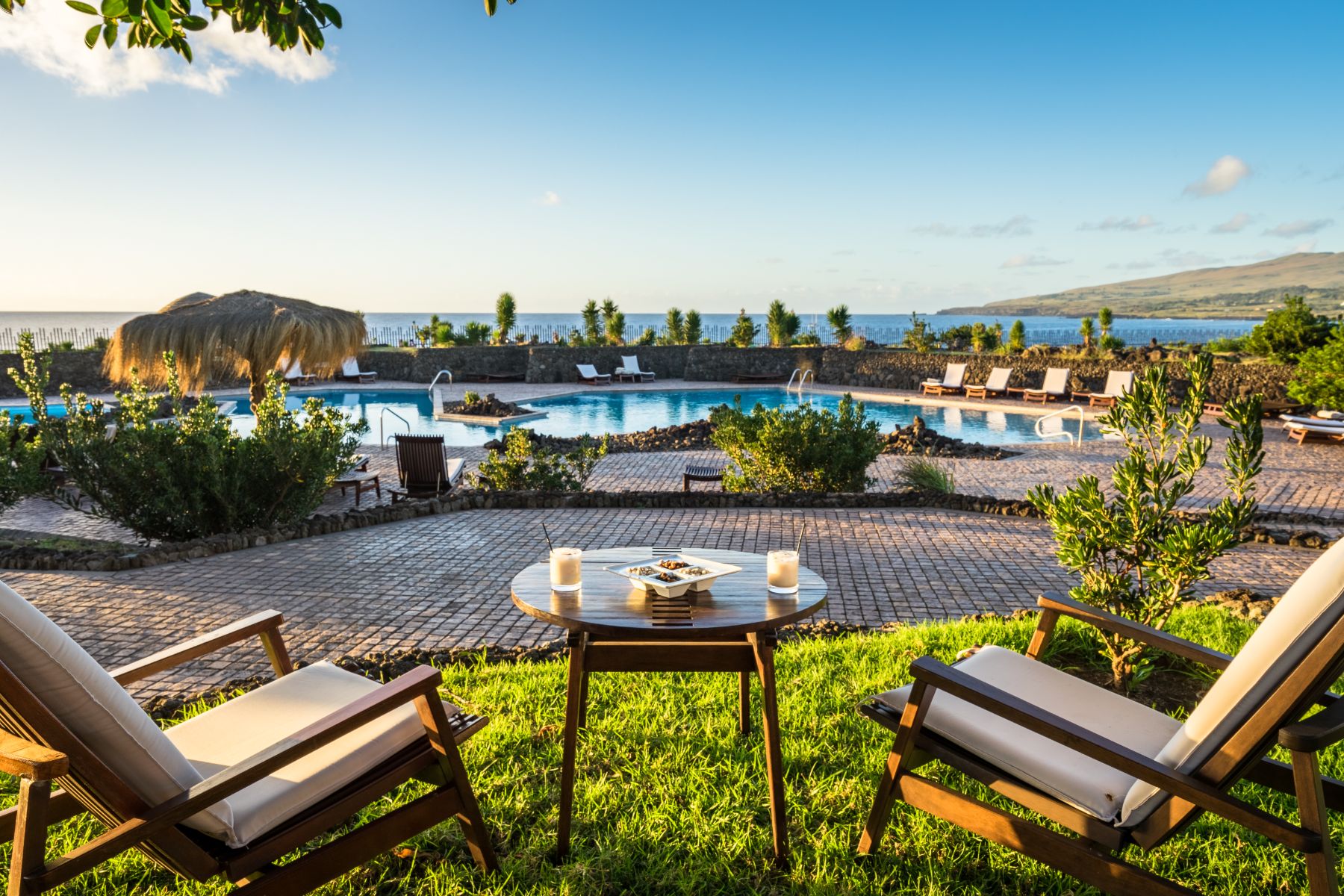 Cocktails by the pool at Nayara Hangaroa hotel on Easter Island