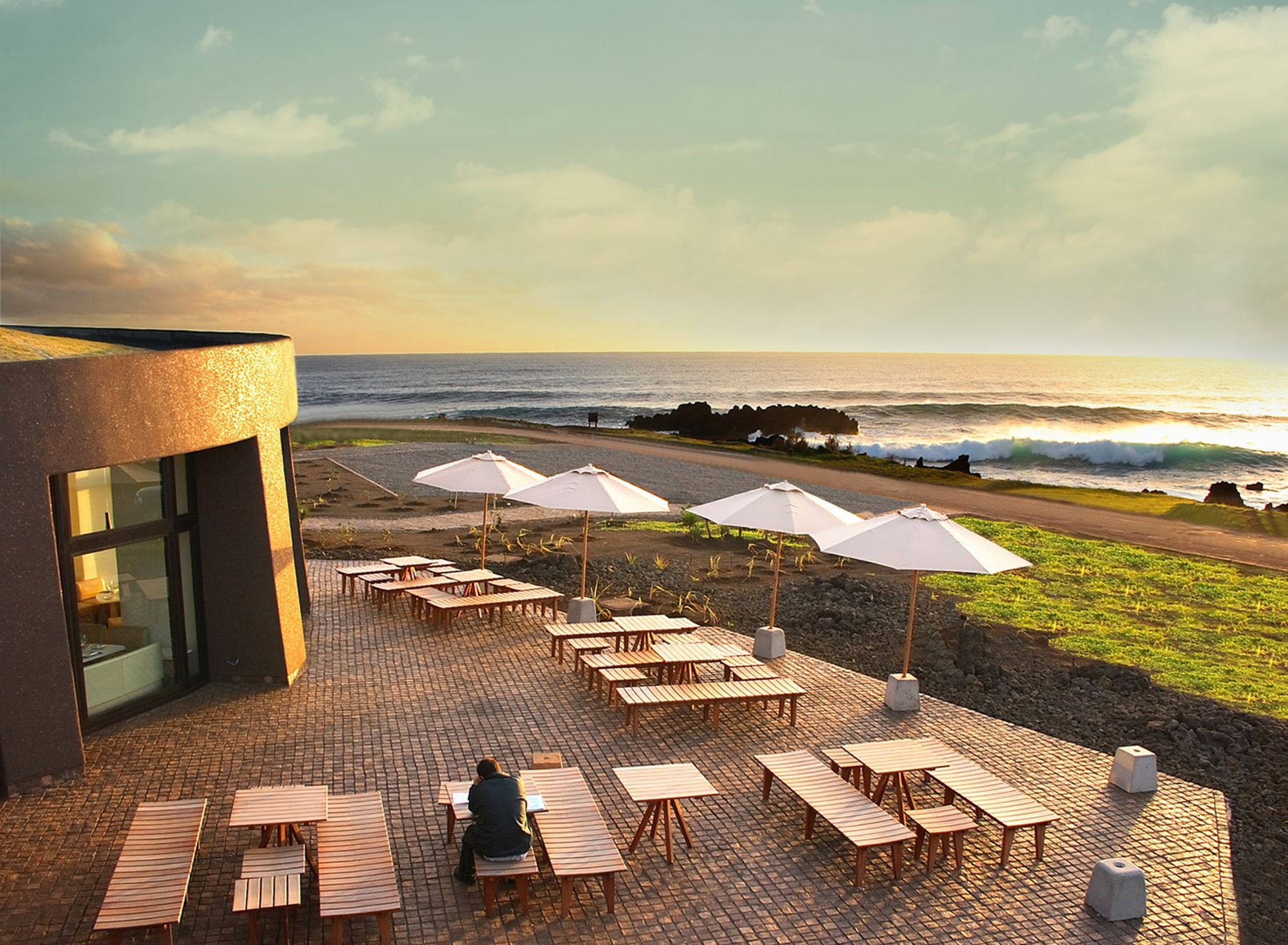 Restaurant terrace with sea views at Nayara Hangaroa hotel on Easter Island