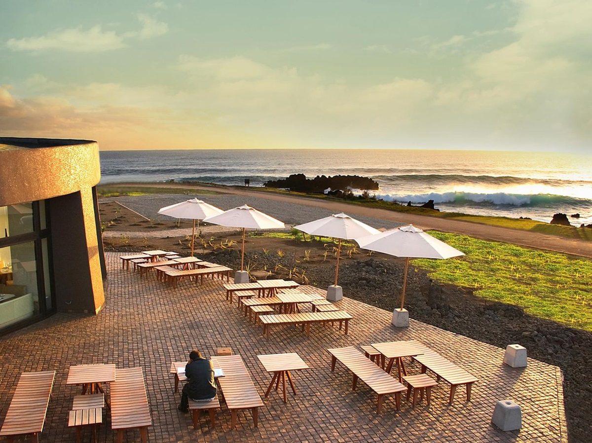 Restaurant terrace with sea views at Nayara Hangaroa hotel on Easter Island