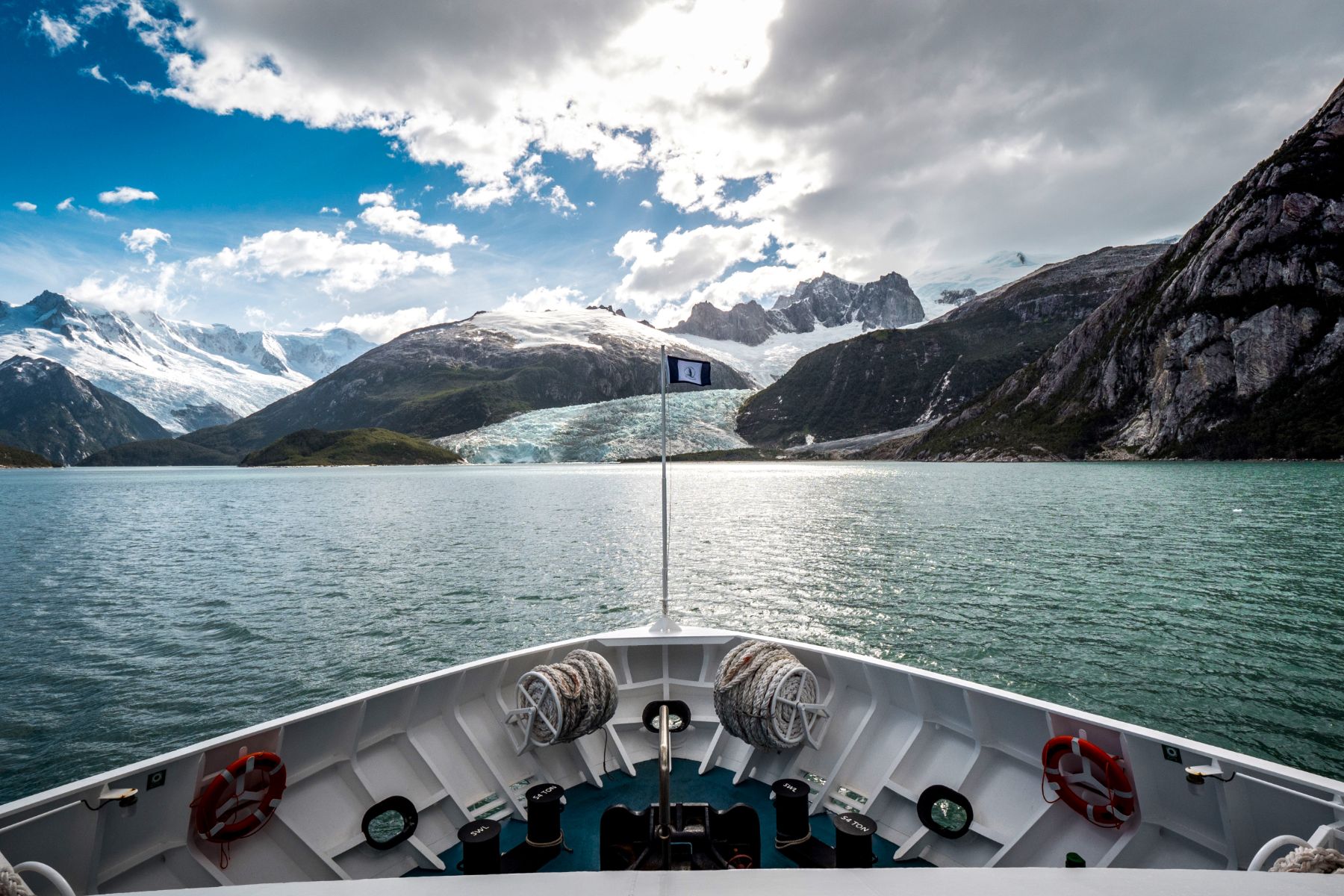 View of a glacier and mountain from the deck of the Stella Australis Patagonia cruise