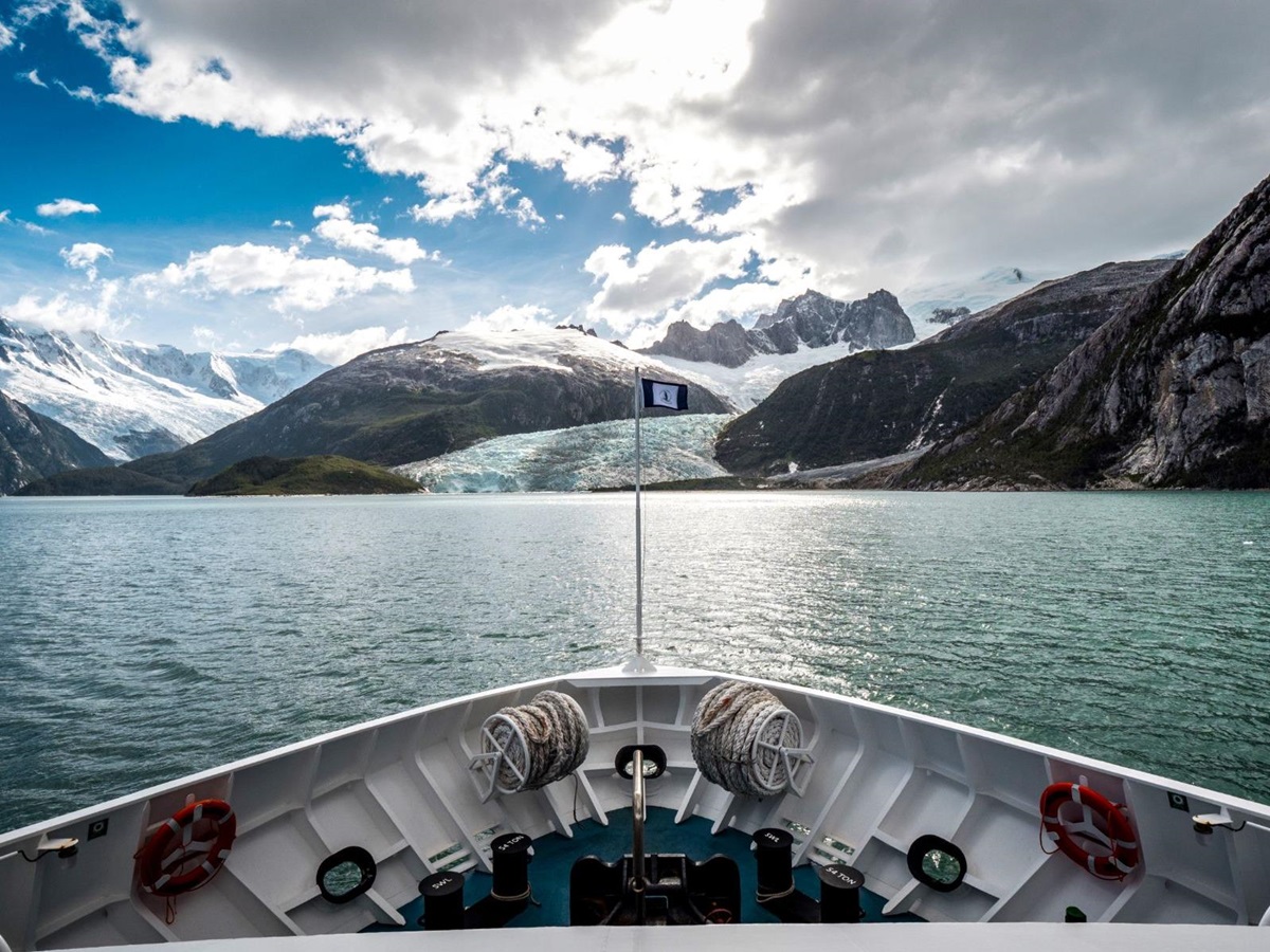 View of a glacier and mountain from the deck of the Stella Australis Patagonia cruise