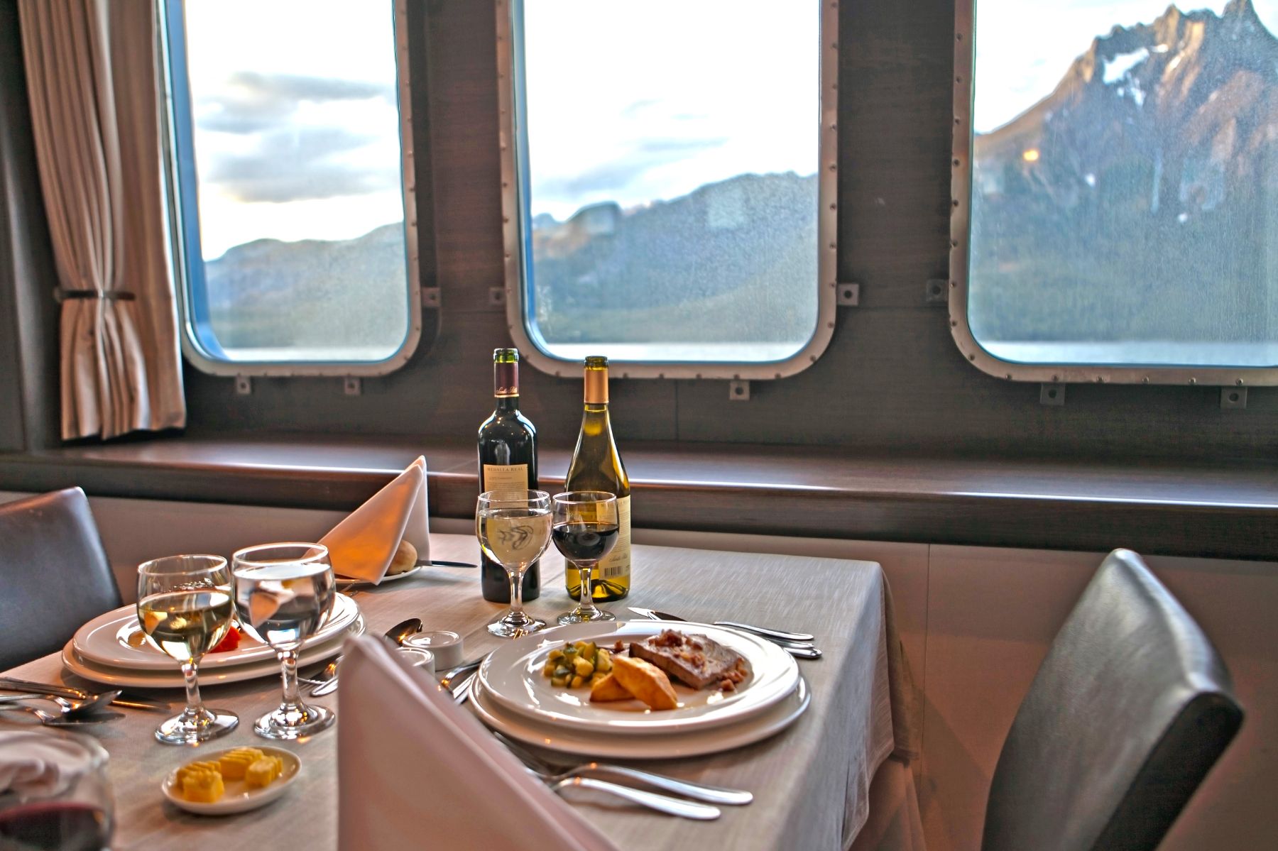 Dinner with a view from the restaurant of the the Stella Australis Patagonia cruise