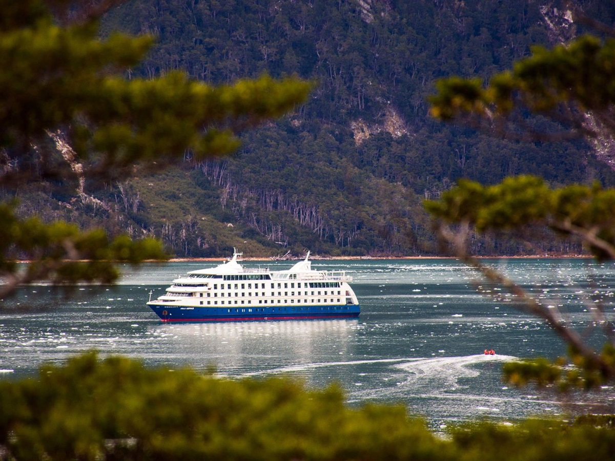 The the Stella Australis expedition cruise in a sheltered bay in Patagonia