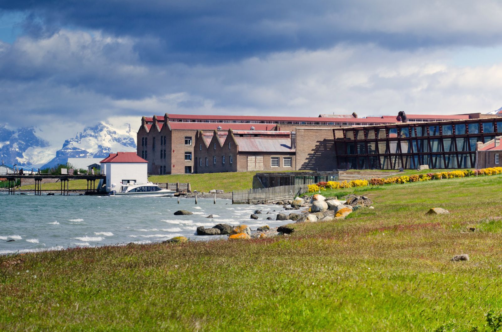 View of the Singular Patagonia on the shores of the Senoret Channel in Puerto Natales, Chile