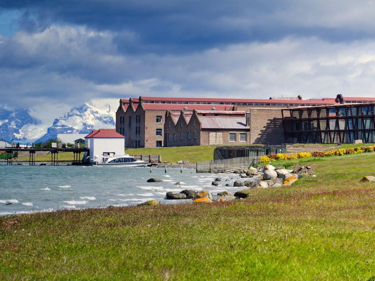 View of the Singular Patagonia on the shores of the Senoret Channel in Puerto Natales, Chile