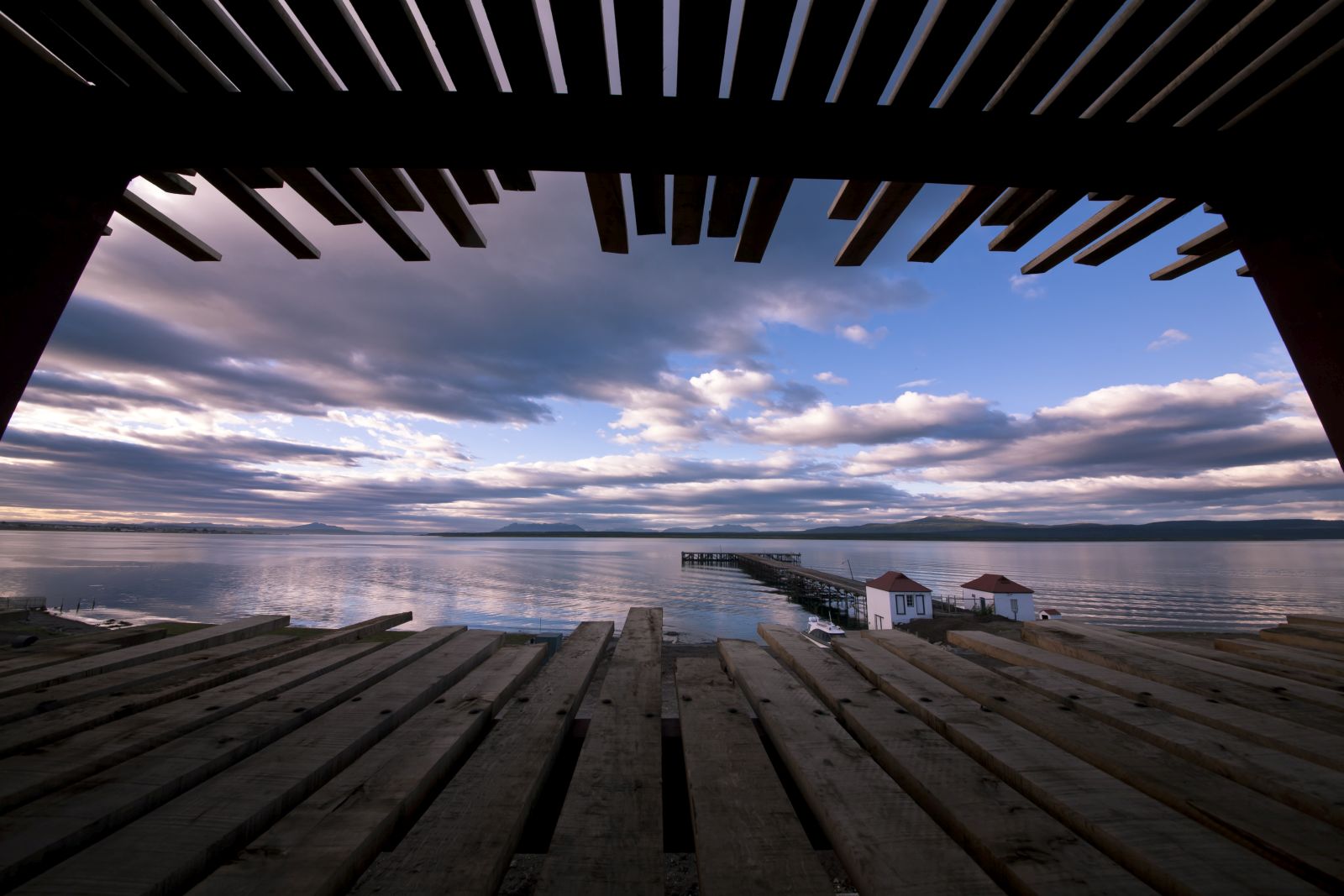 View of the Senoret Channel from the terrace of the Singular Patagonia in Puerto Natales, Chile