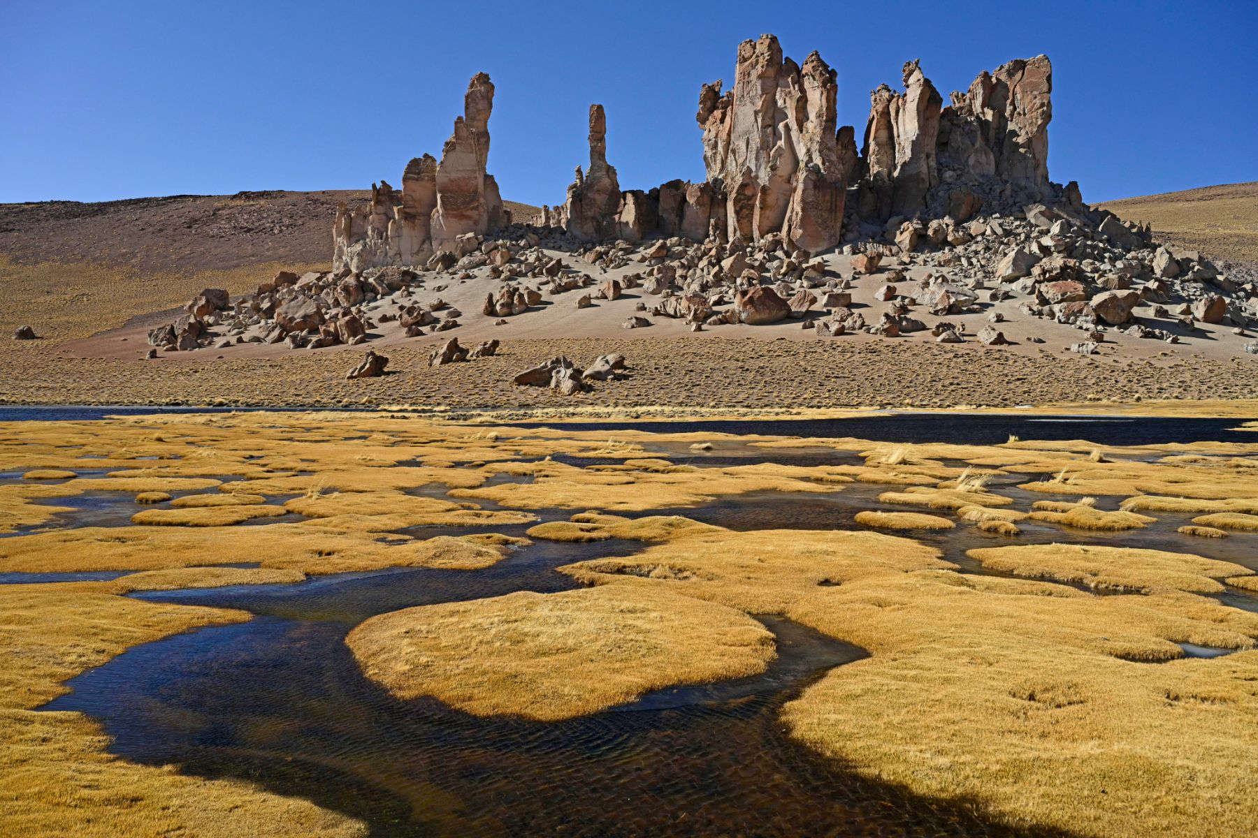 Yardang rock formations and a lagoon in Chile's Atacama region