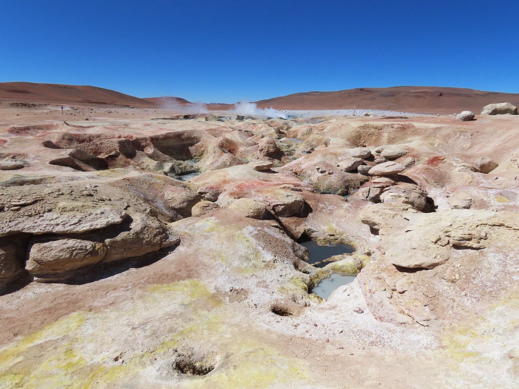 Thermal pools and steam rising from a geyser in the Atacama, Chile