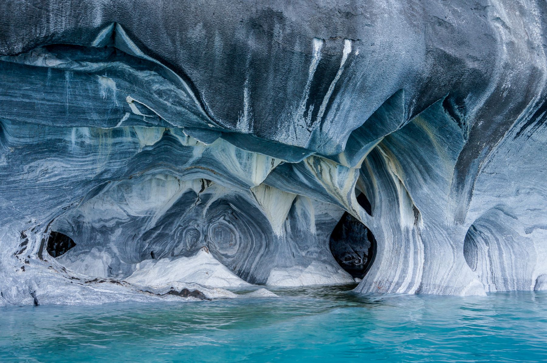 Turquoise water and rock formations in Chile's Marble Caves
