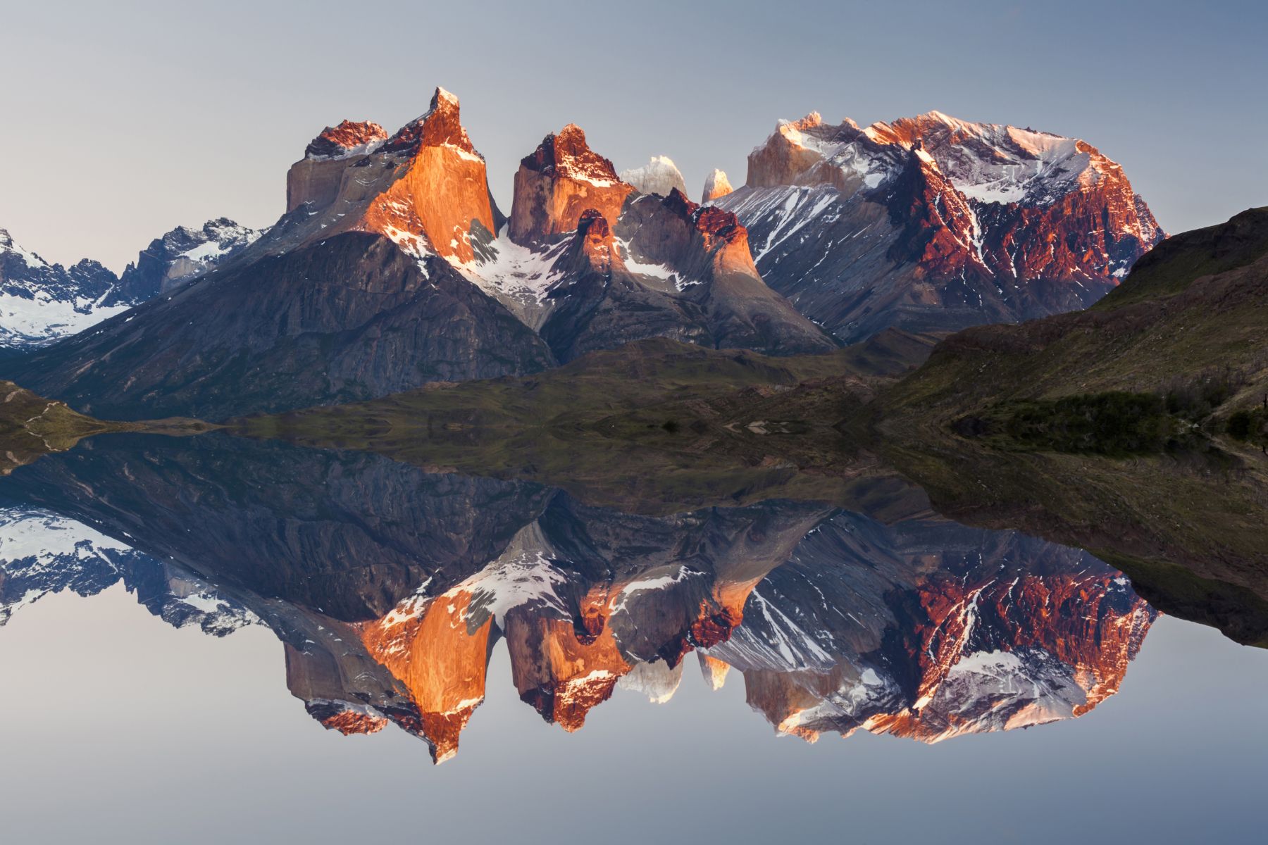 Reflection of the Paine Massif in Torres del Paine Chile in clear lake waters